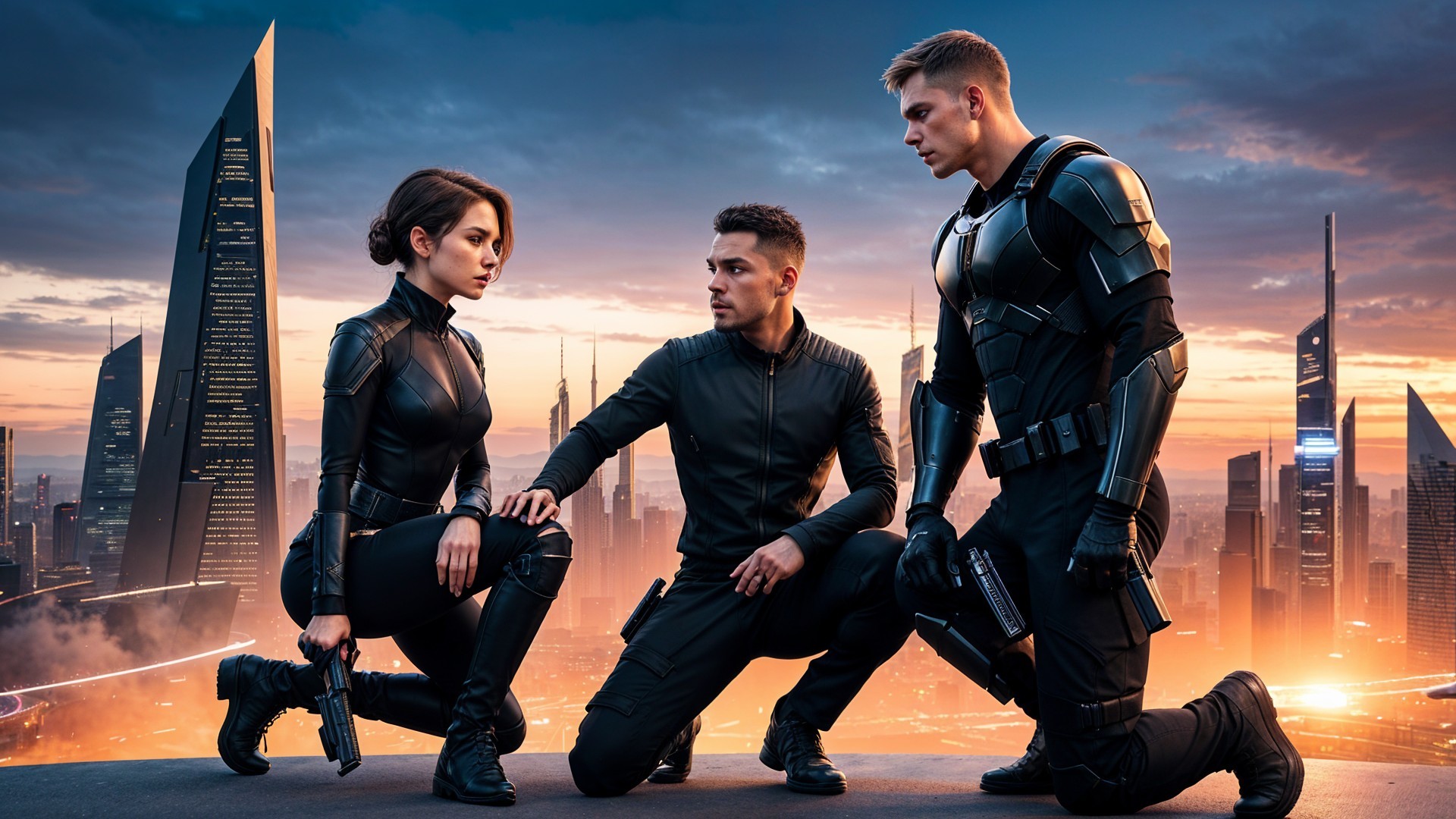 Futuristic Cityscape with Tactical Characters at Sunset