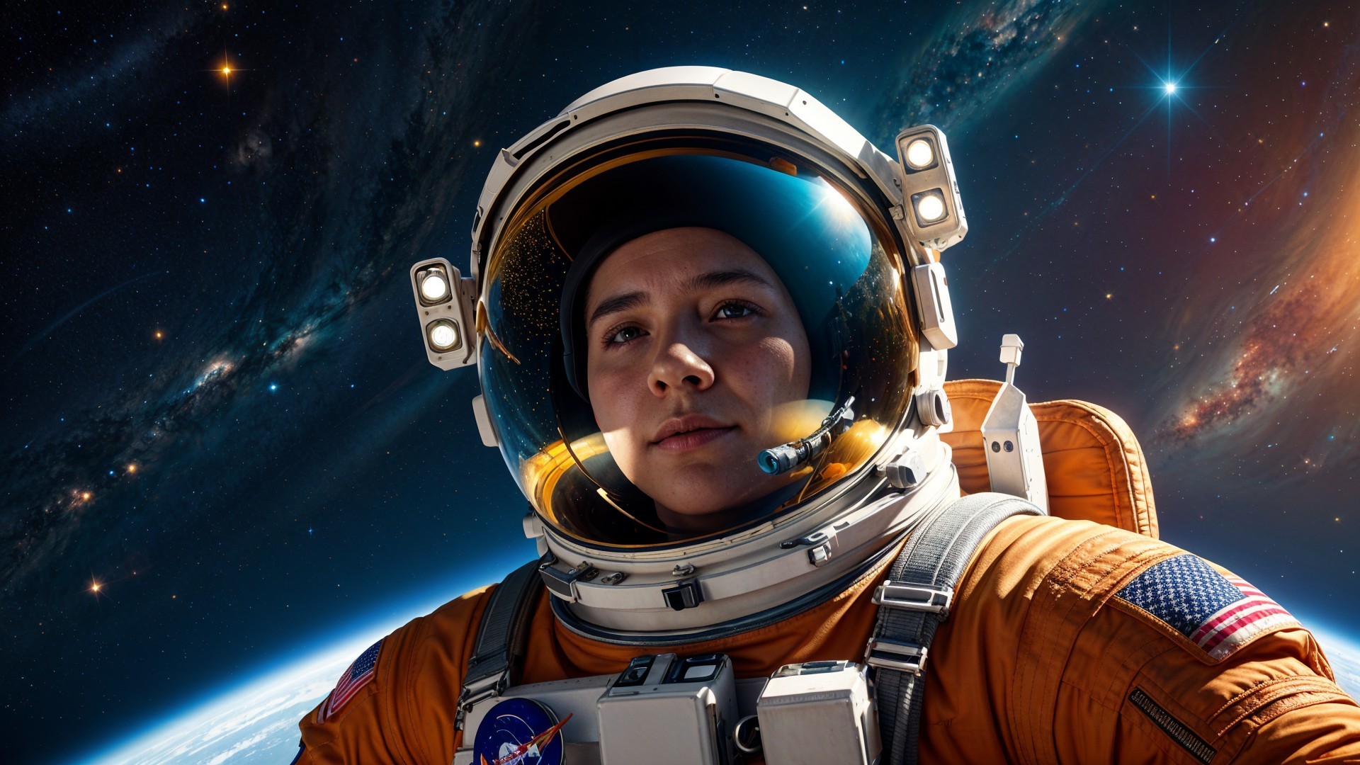 Astronaut in Orange Suit Observing Earth and Stars