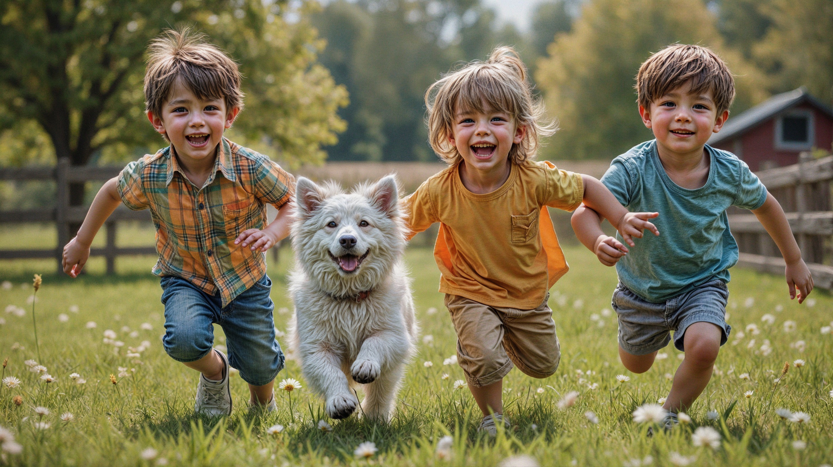 Joyful boys playing in a sunny field with a dog