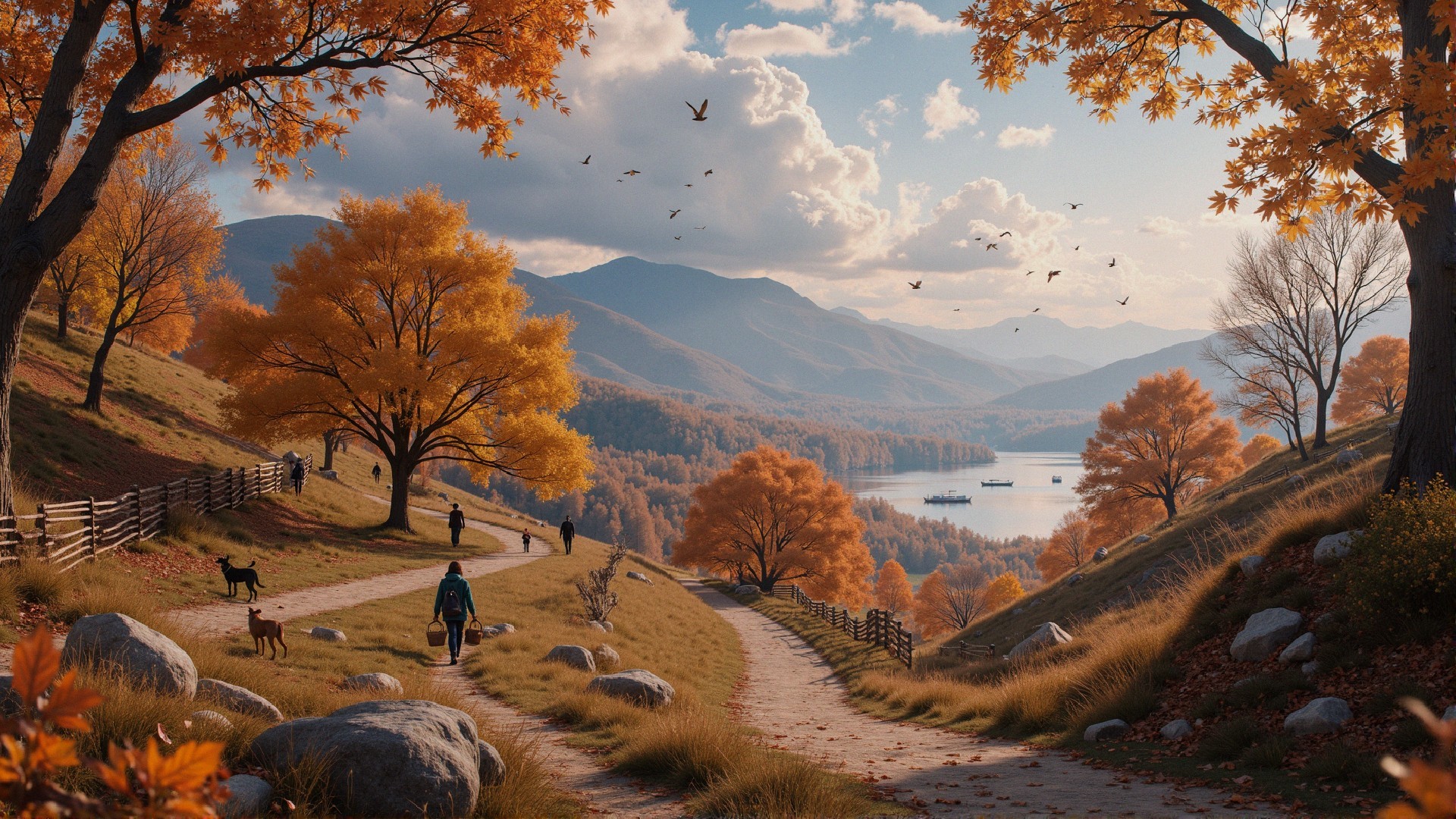 Autumn Landscape with Trees, Path, and Lake Reflection