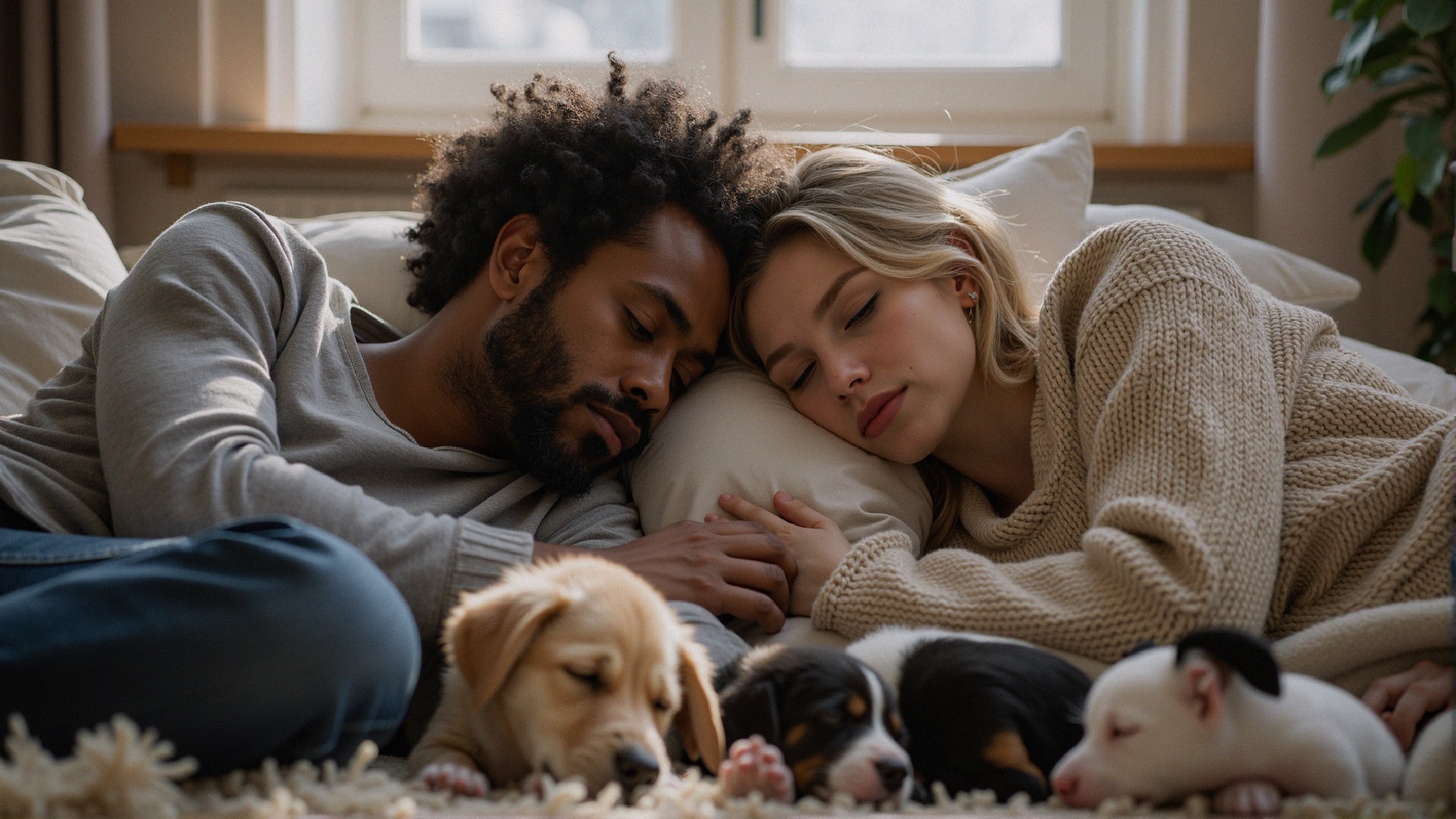 Couple Sleeping Peacefully with Puppies in Sunlit Room