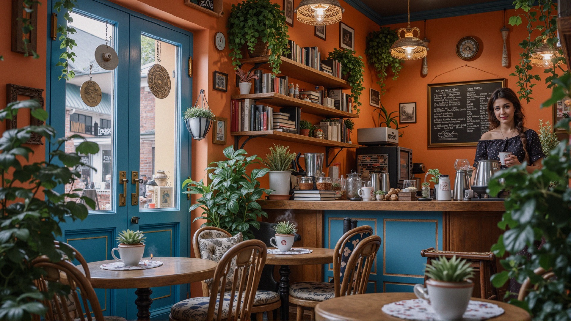 Cozy café with orange walls and wooden furniture
