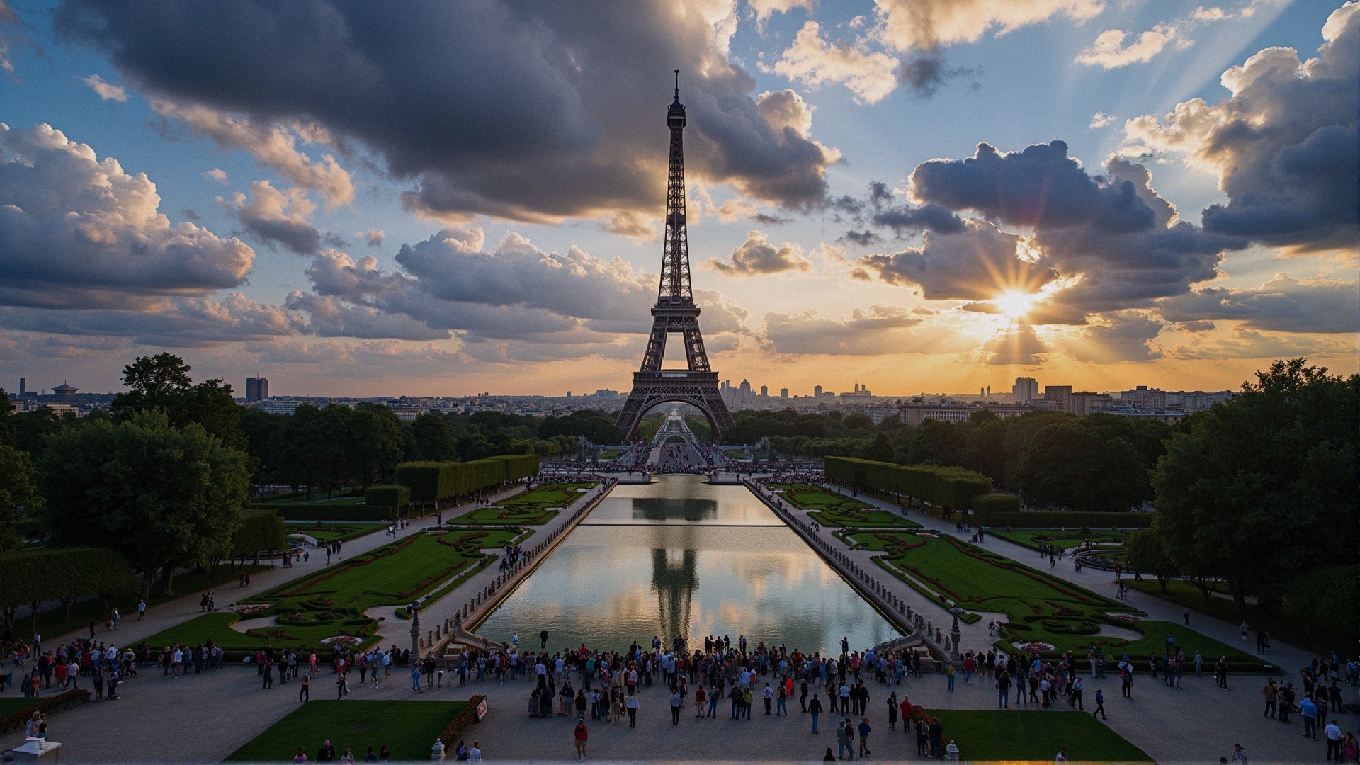 Eiffel Tower Sunset with Clouds and Garden Reflections