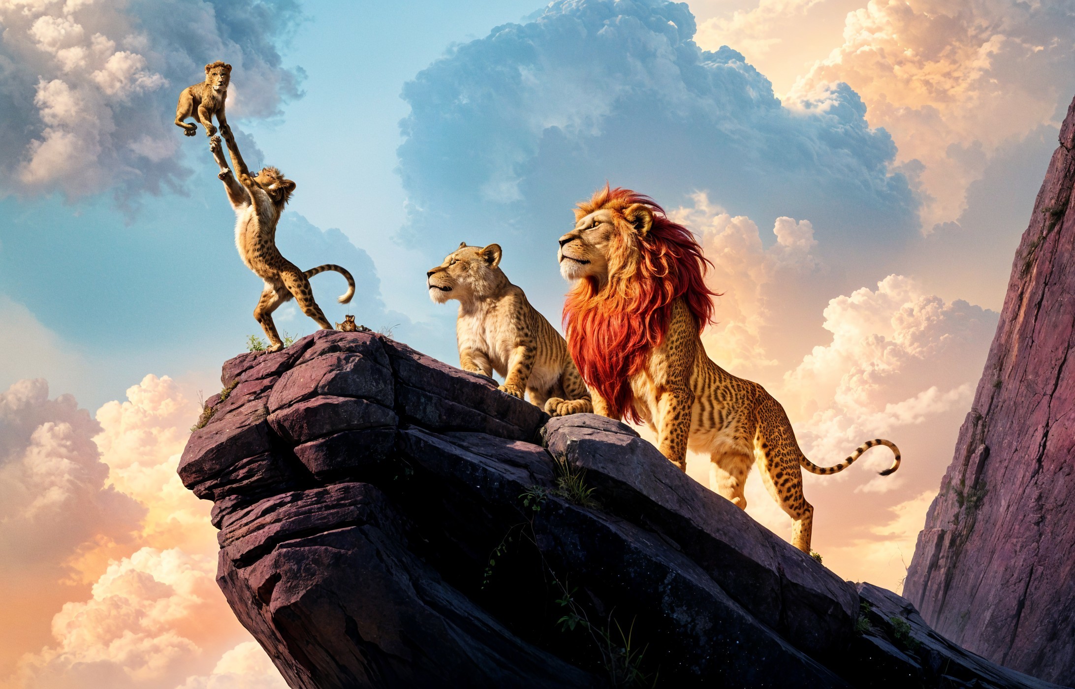 Lion and Lioness on Rocky Outcrop at Sunset