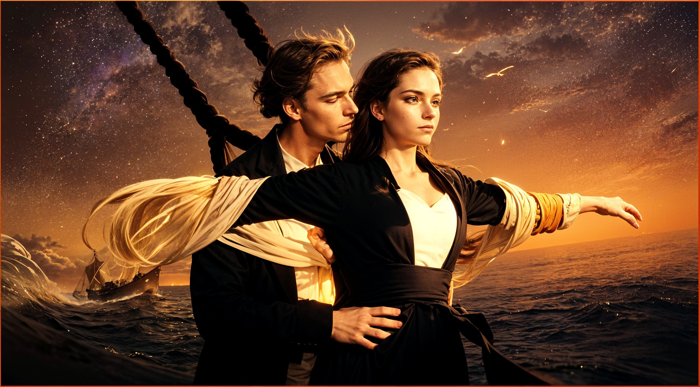 Romantic Sunset Scene with Couple on a Ship