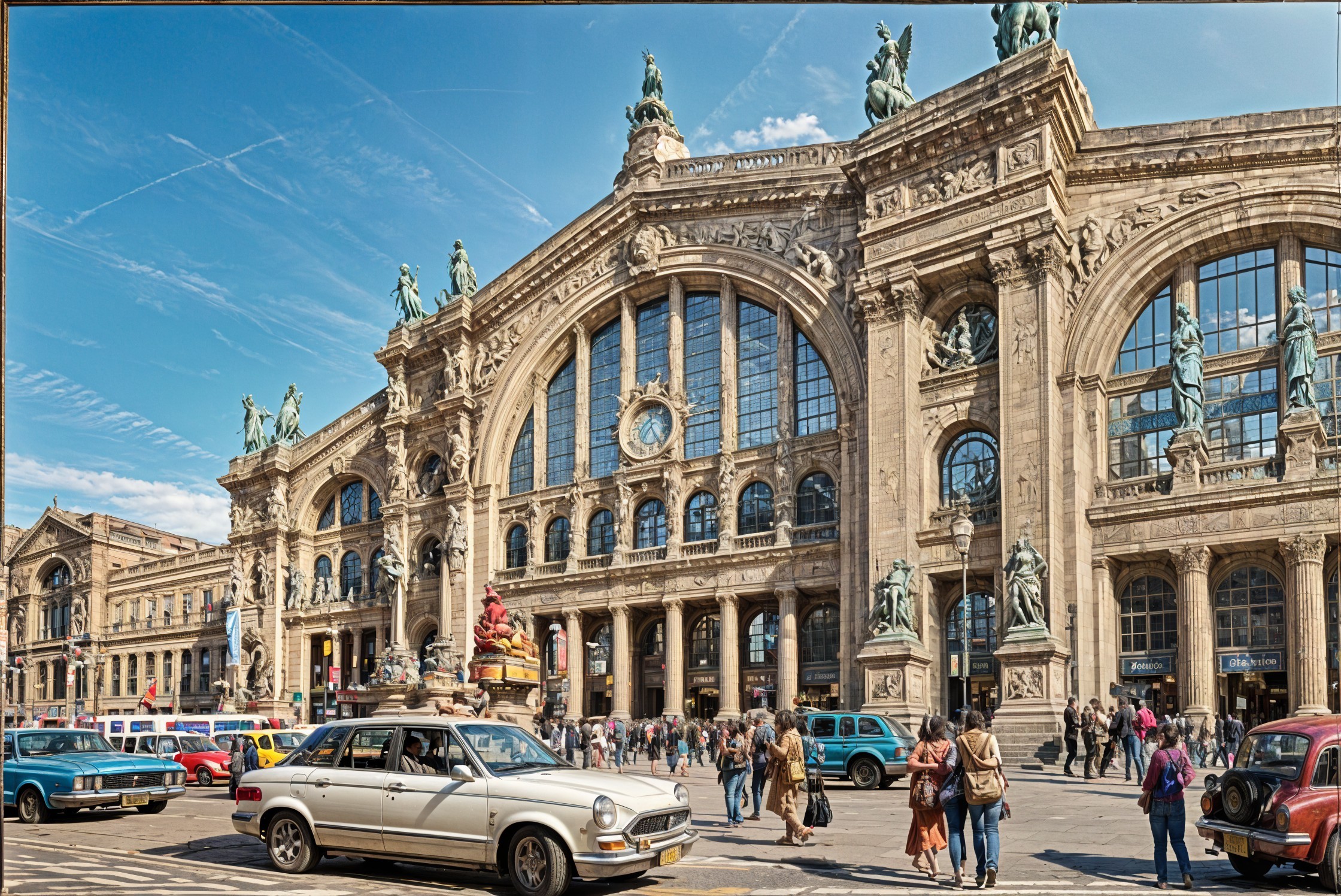 Historic train station with ornate architecture and crowd