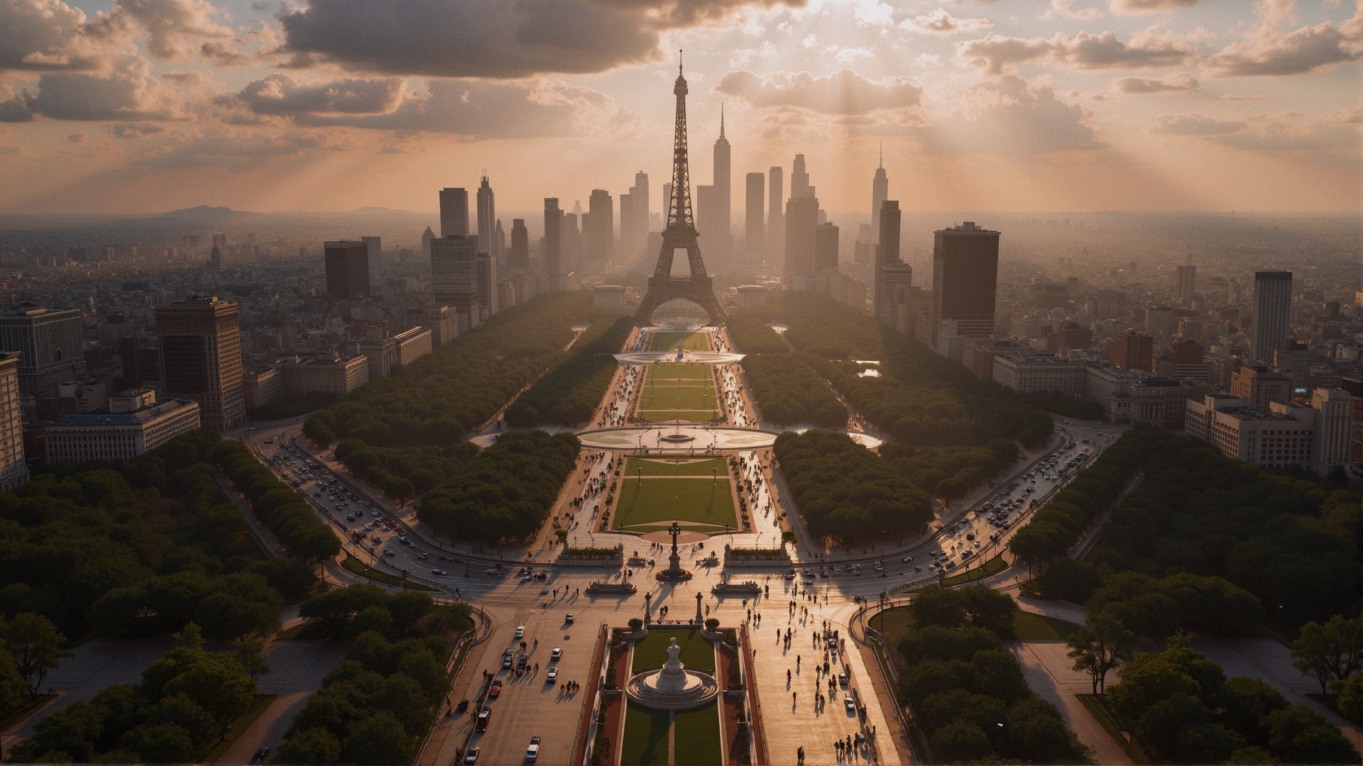 Paris Sunset View with Eiffel Tower and Cityscape