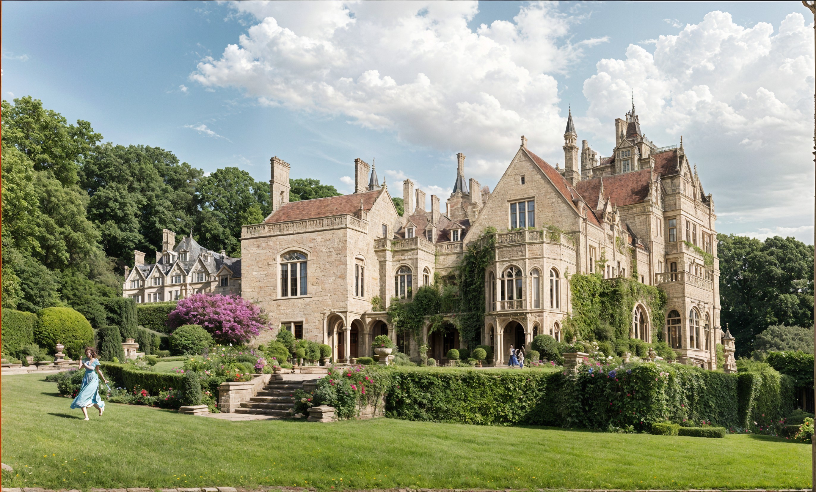 Historic mansion with ornate architecture and gardens