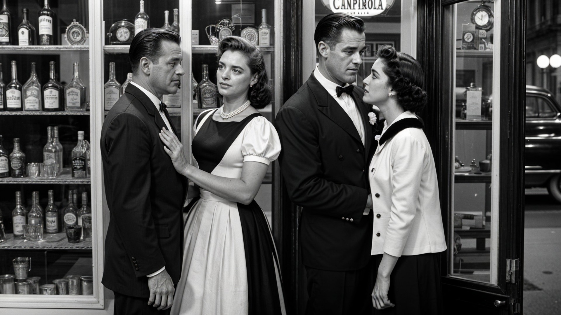 Classic Bar Scene with Couples in Black and White