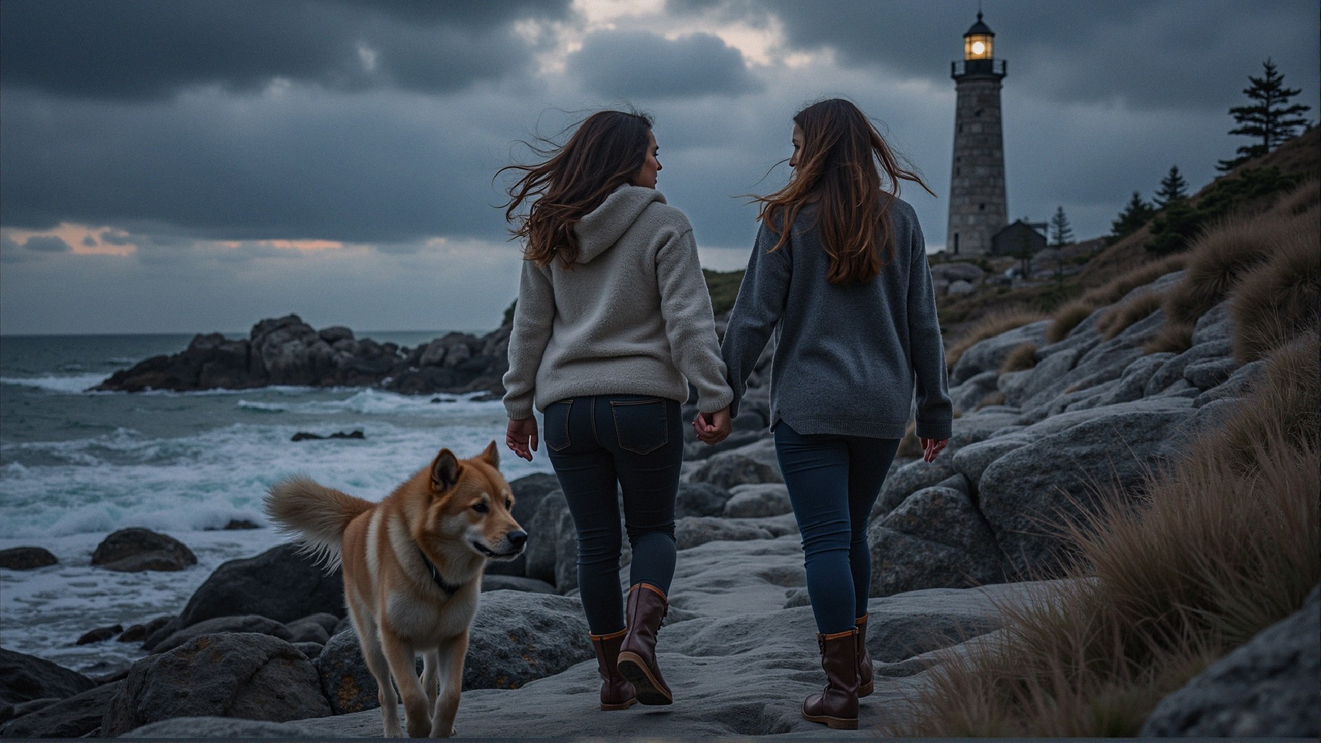Women Walking on Rocky Beach with Dog and Lighthouse