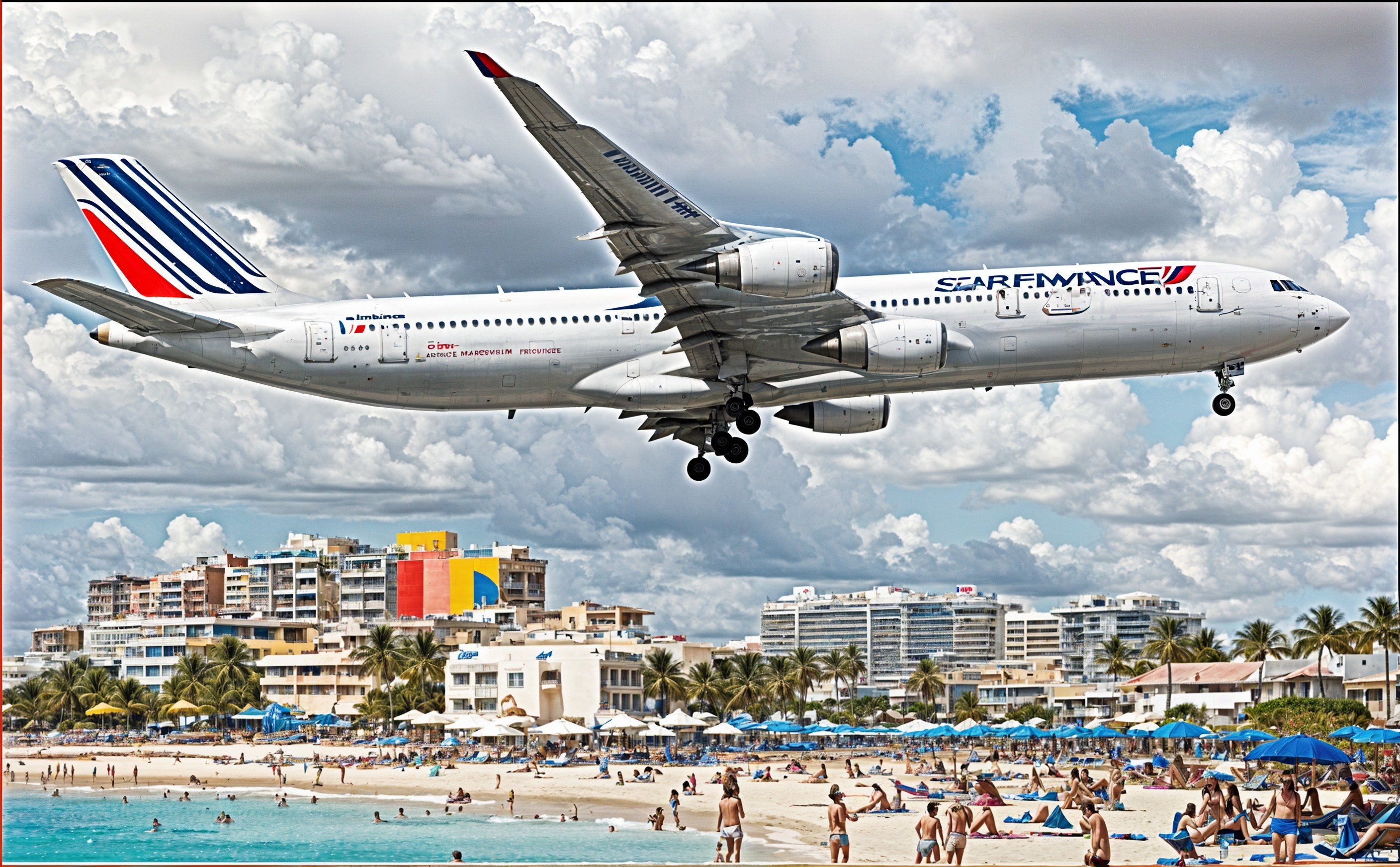 Airplane Landing Over Busy Beach with Sunbathers