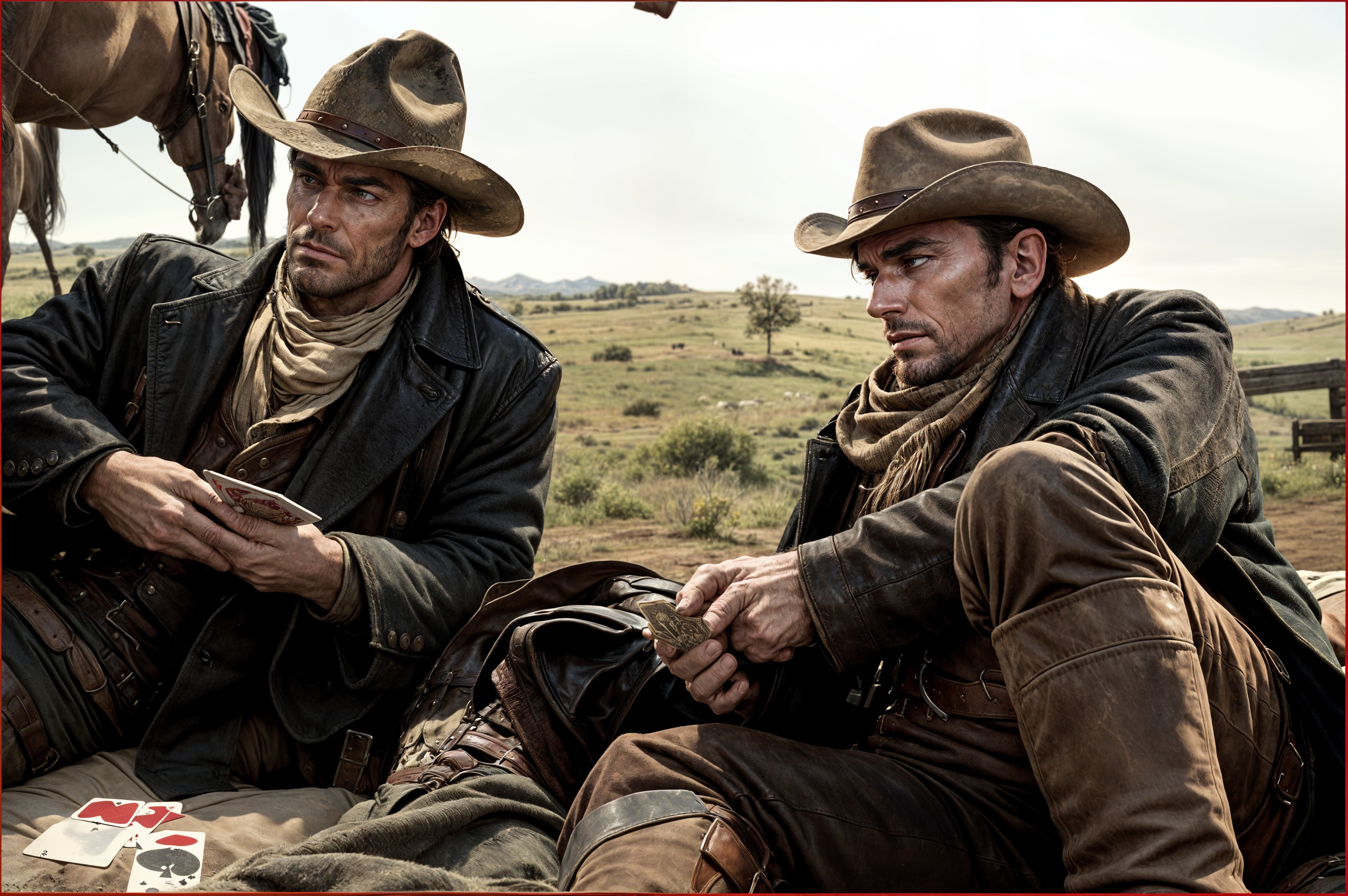 Cowboys Engaged in Poker Against Arid Landscape