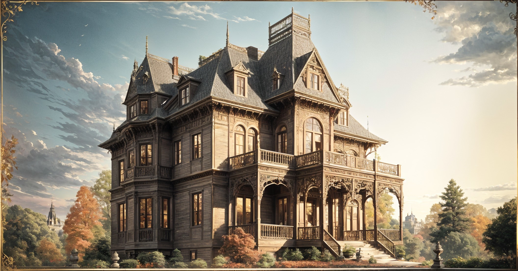 Victorian Mansion with Intricate Carvings and Balconies