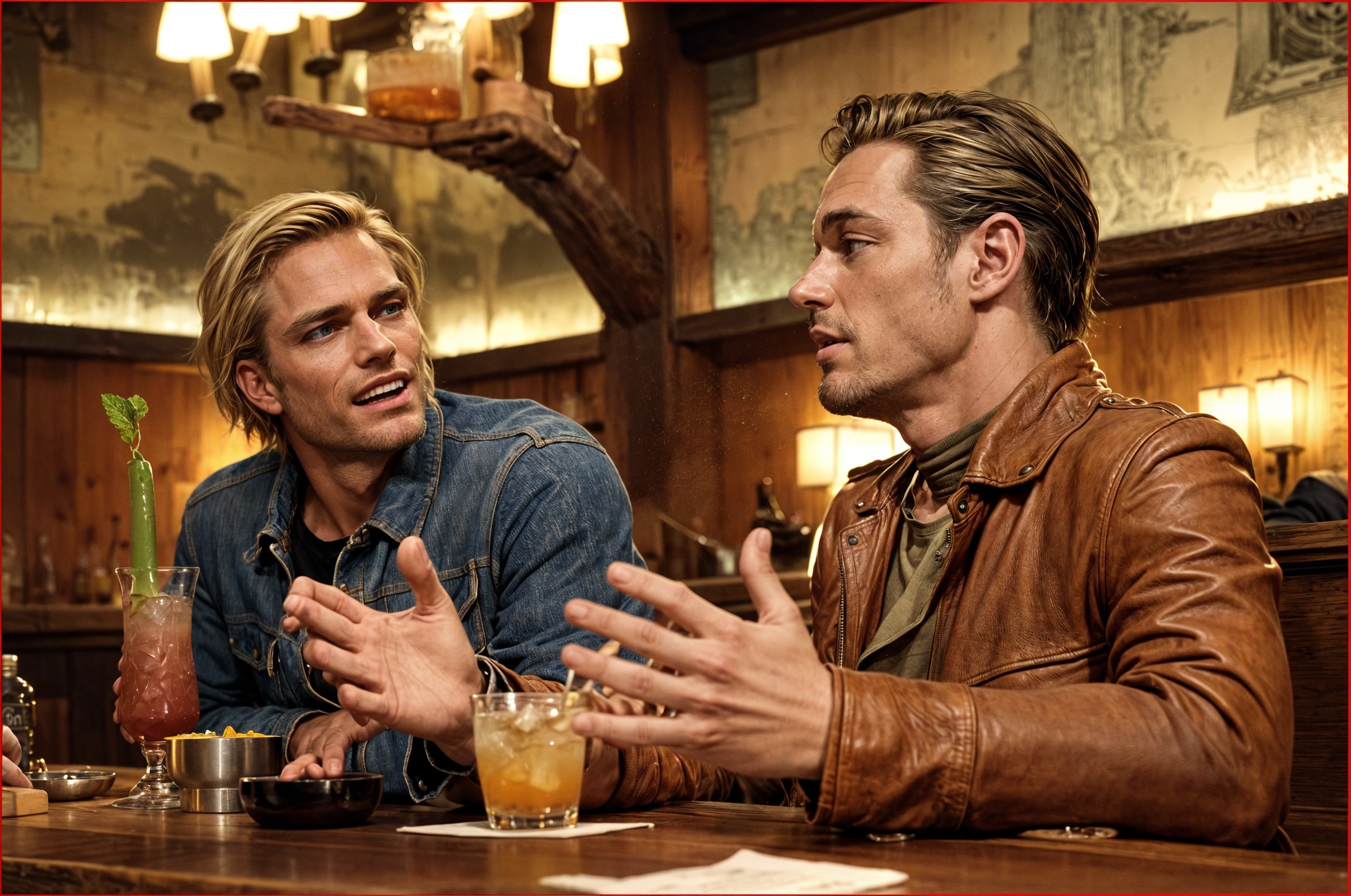 Men Conversing at a Rustic Bar with Warm Lighting