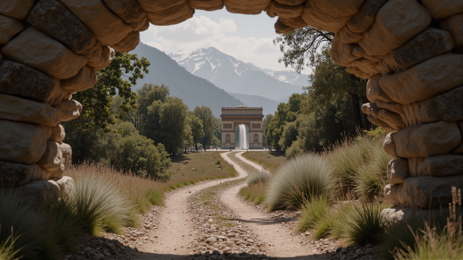 Scenic View of Arc de Triomphe through Stone Archway