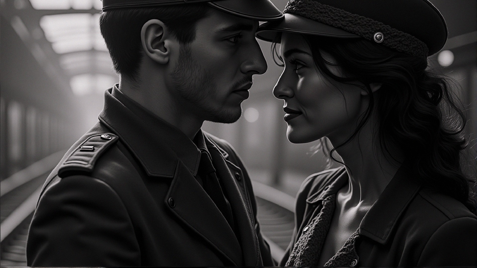 Black-and-white portrait of a couple in military attire