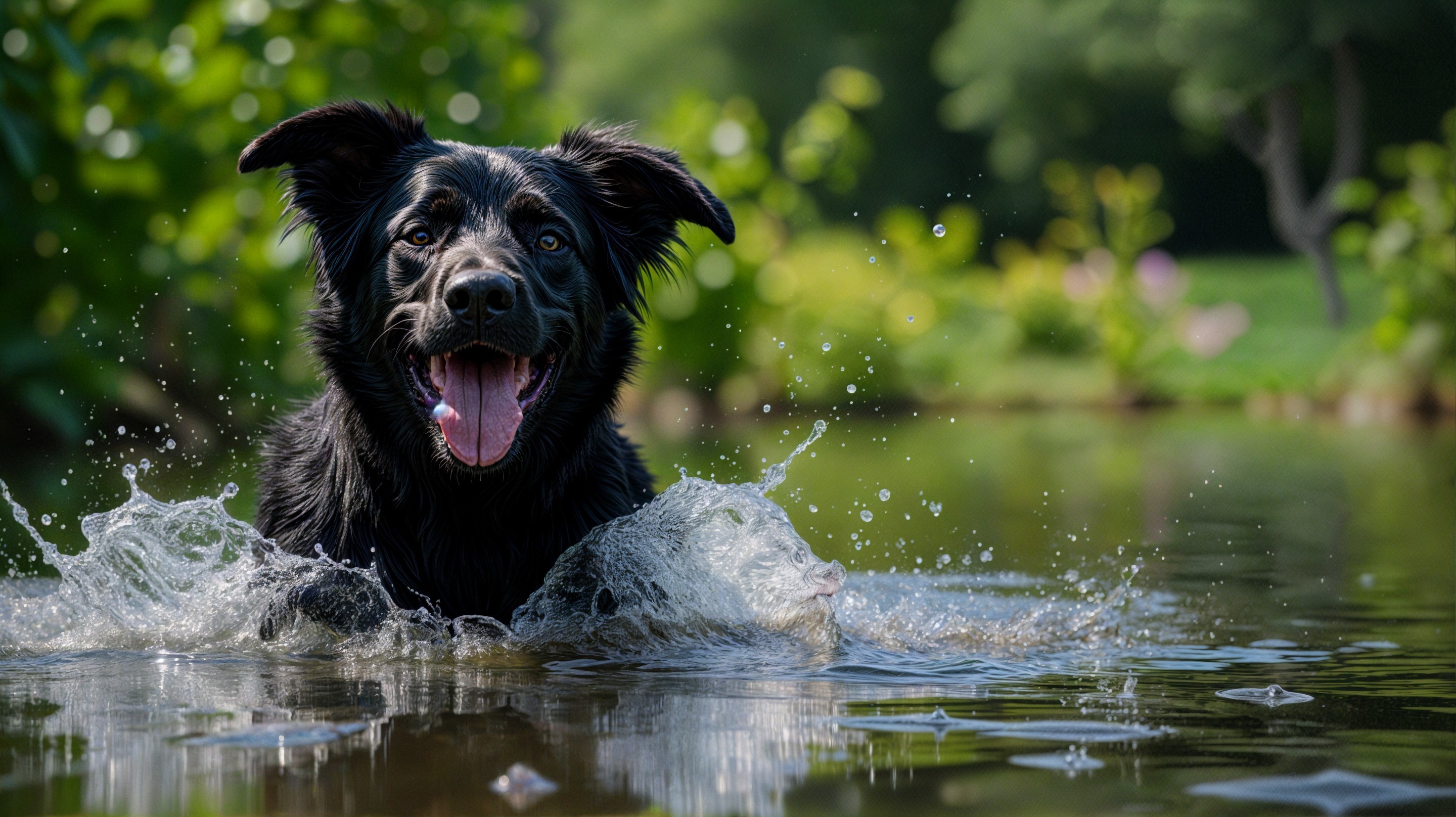 Black Dog Playfully Splashing in Serene Lake