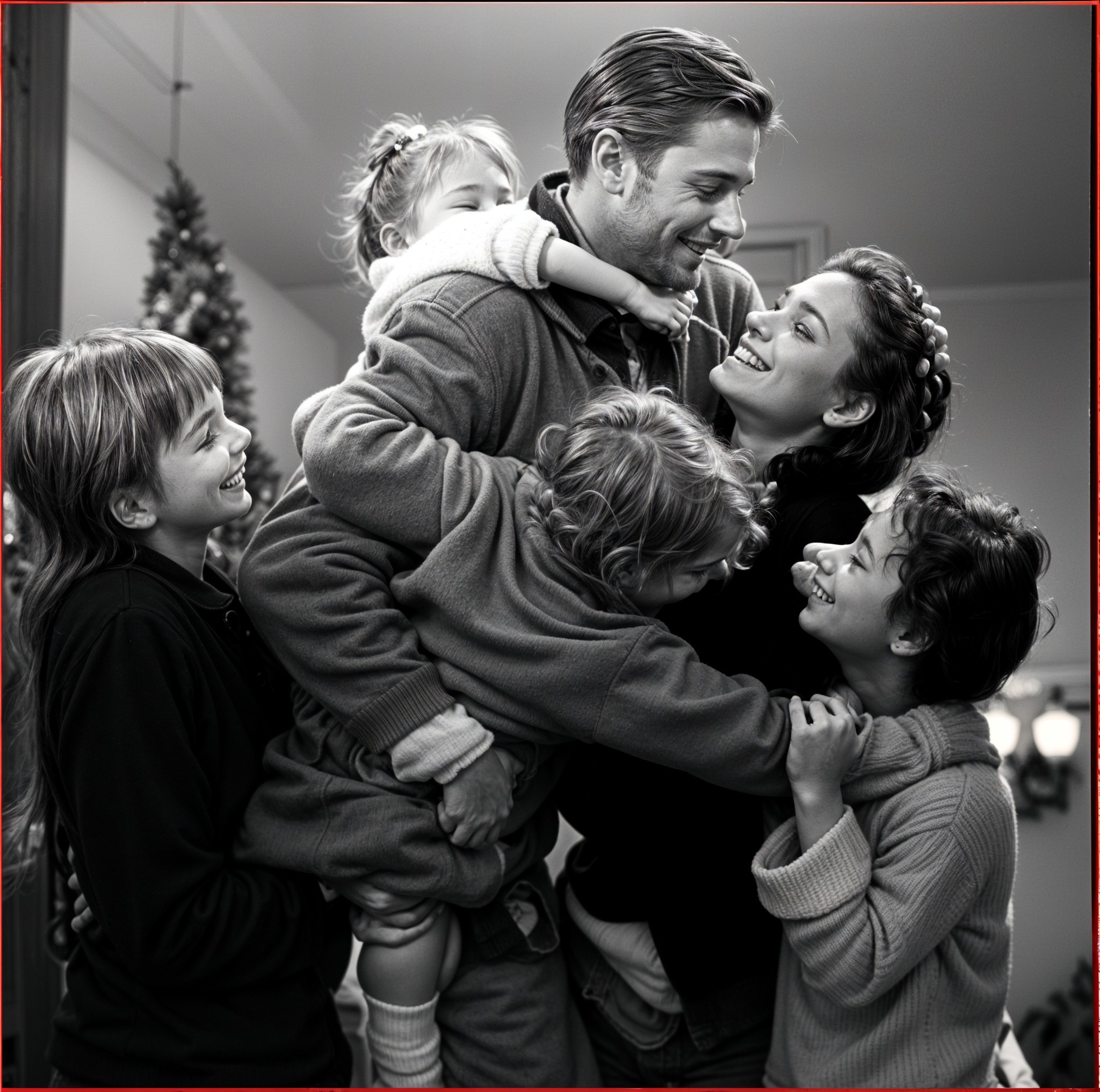 Joyful Family Scene in Black and White Photography