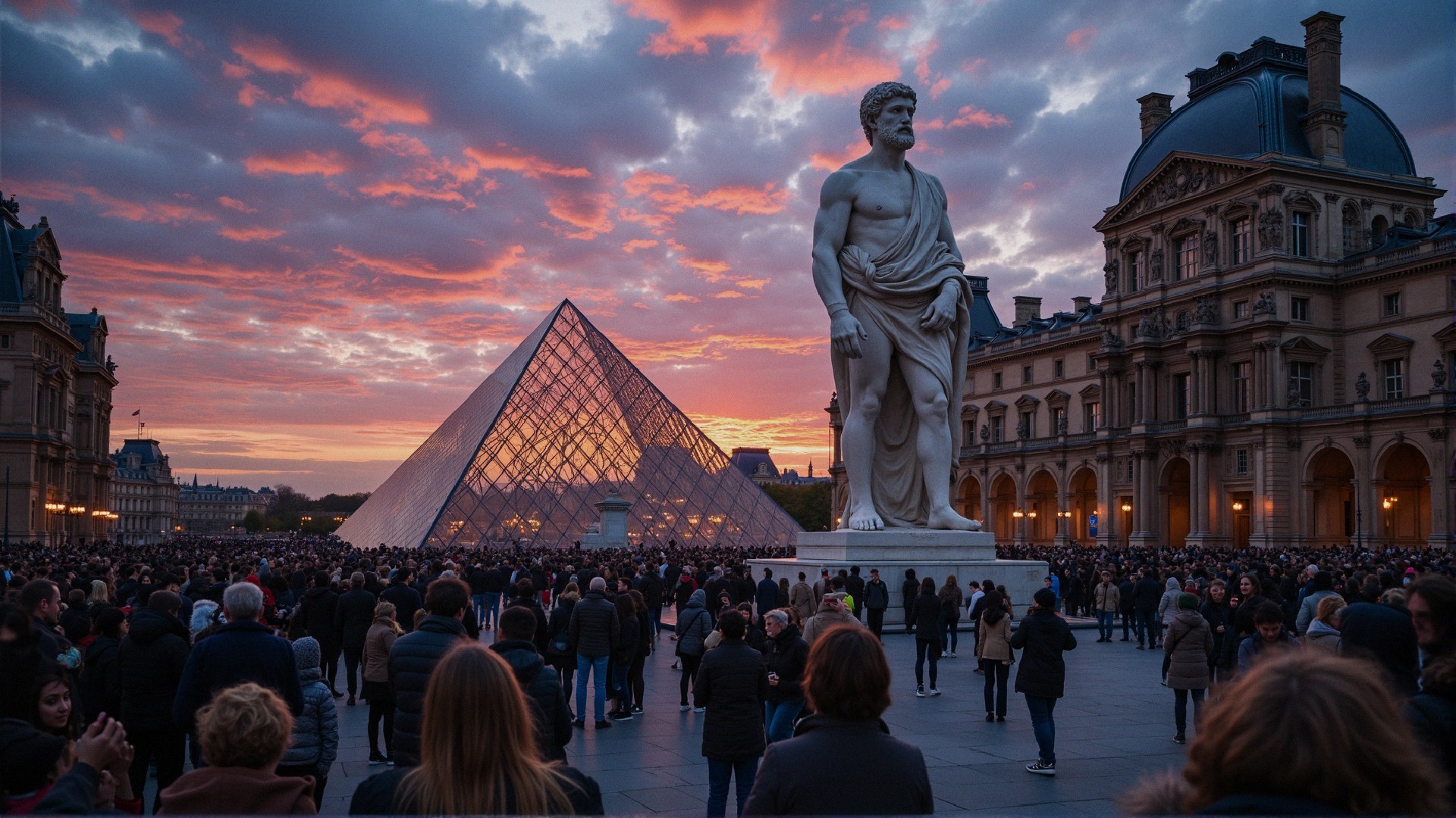 Vibrant Sunset Over Louvre Museum and Visitors