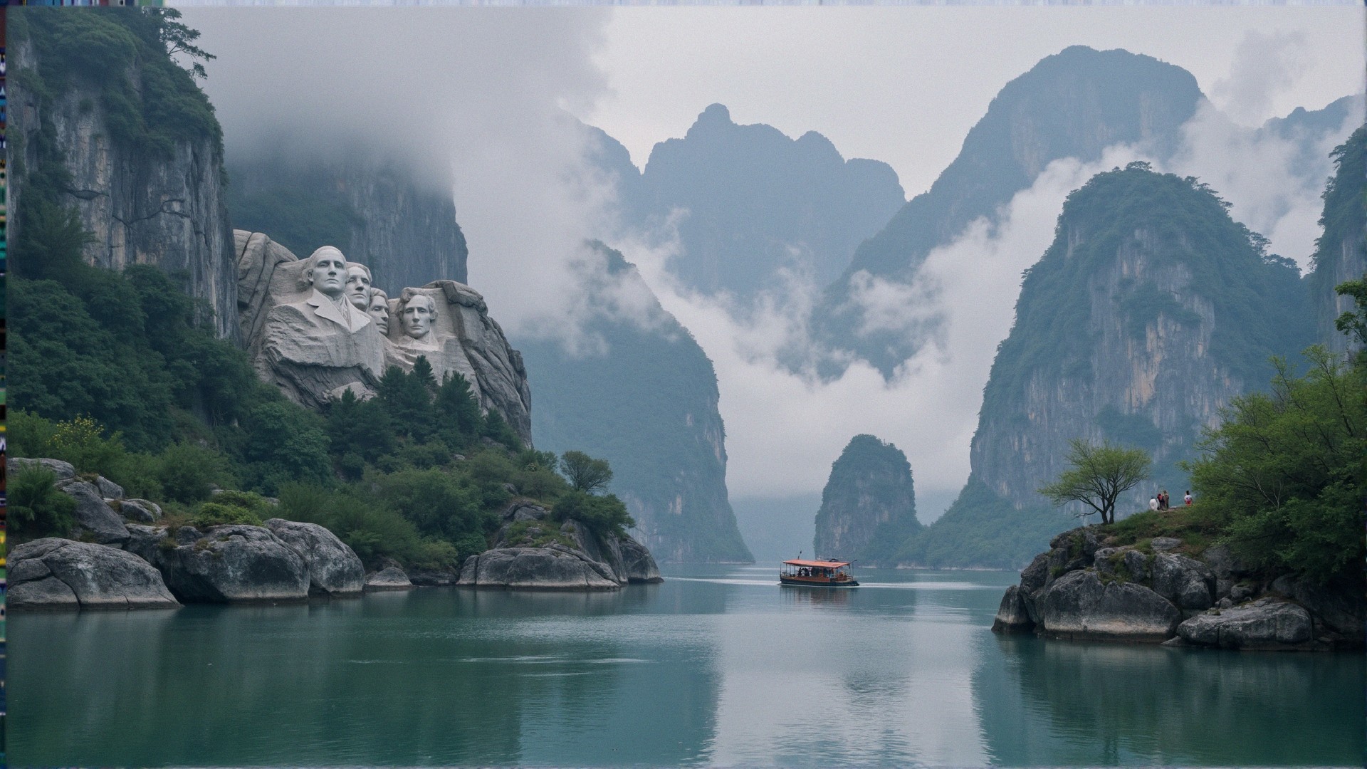Serene landscape with misty mountains and river