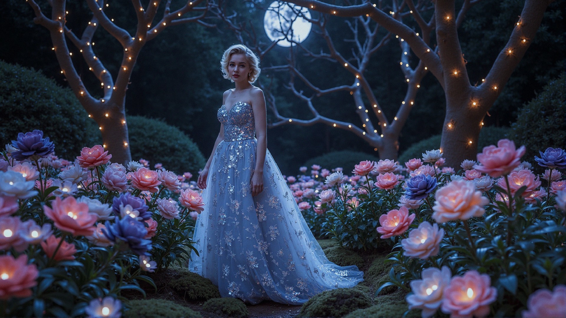Moonlit Garden with Young Woman in Floral Gown