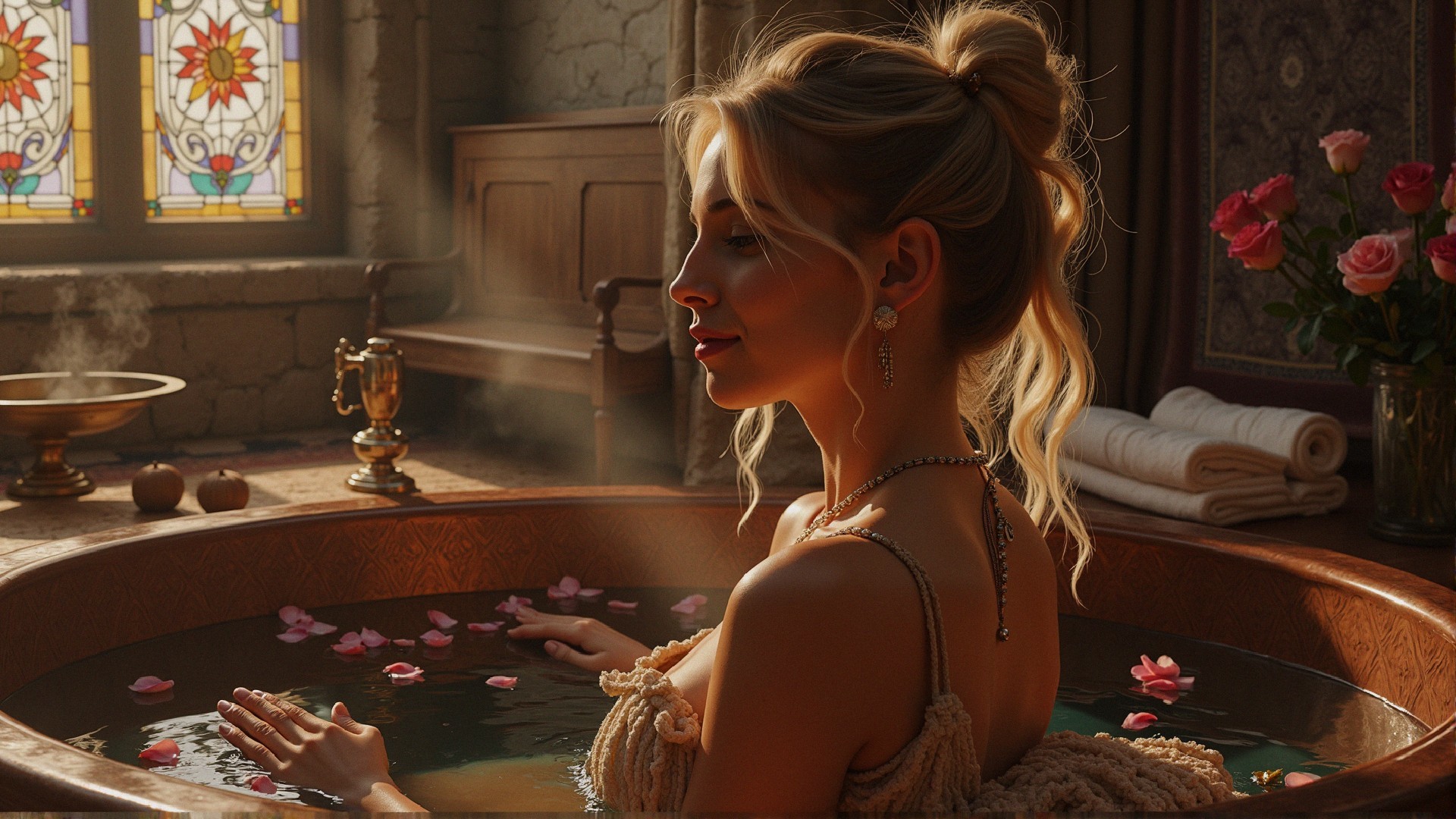 Serene Bathtub Scene with Rose Petals and Warm Light