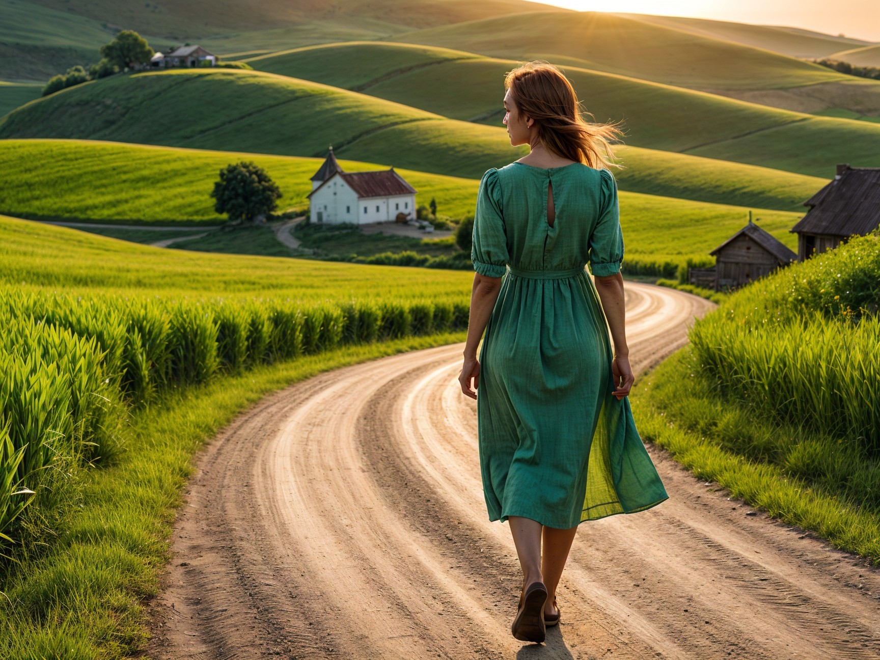 Woman in Green Dress on Scenic Rural Road at Sunset
