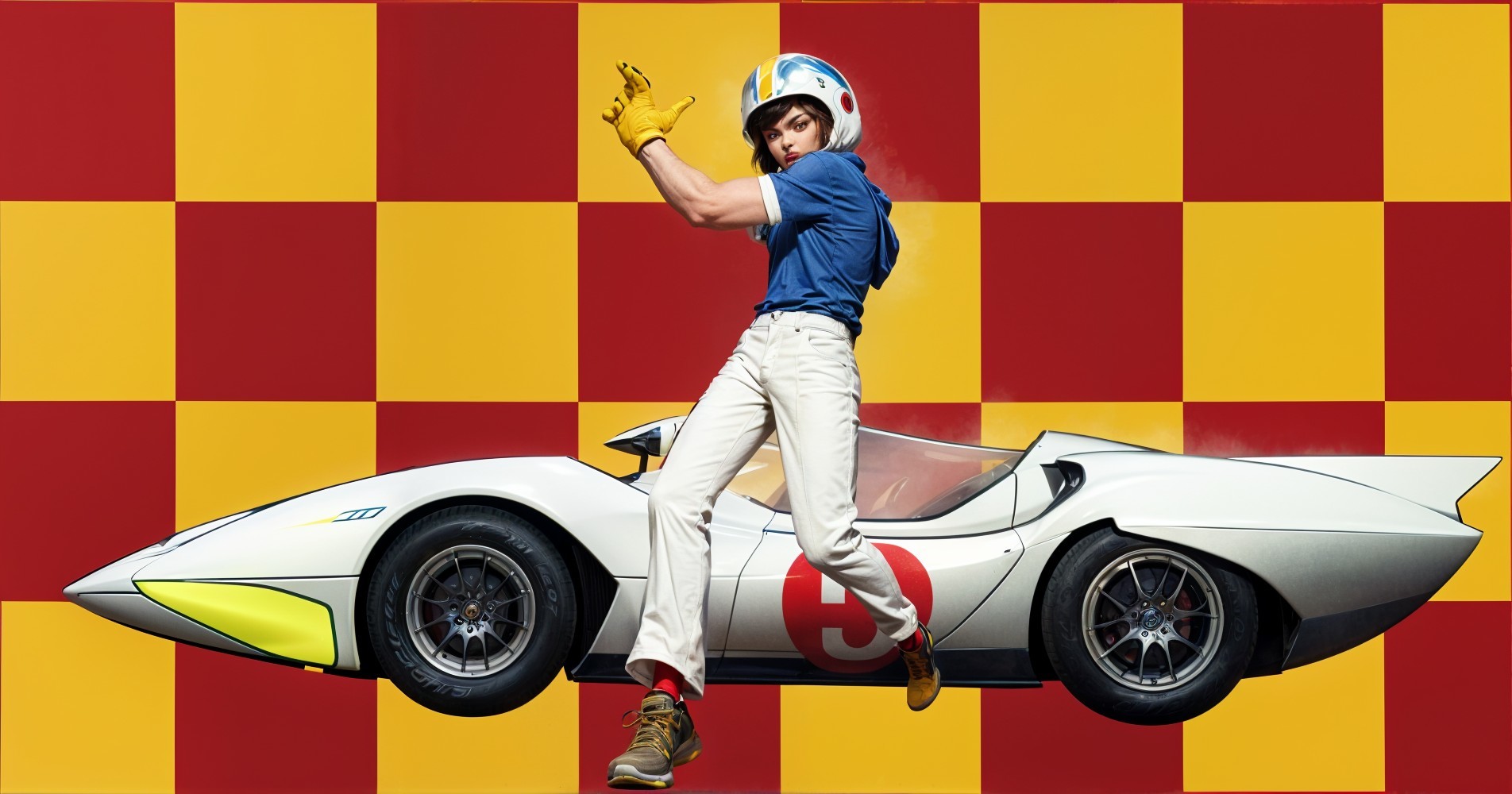 Young Driver with Futuristic Race Car in Vibrant Setting