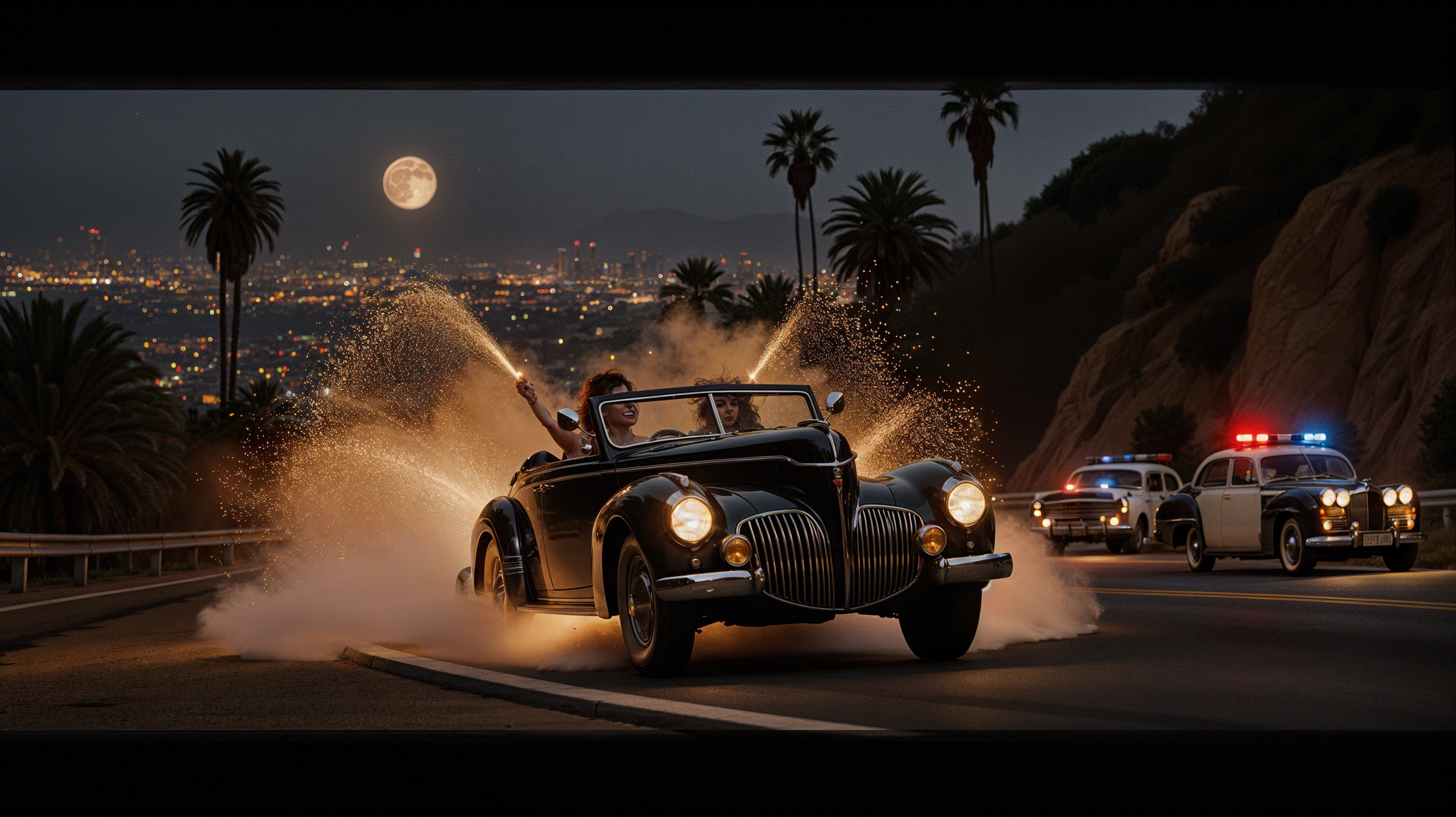 Vintage Convertible on Winding Road Under Full Moon