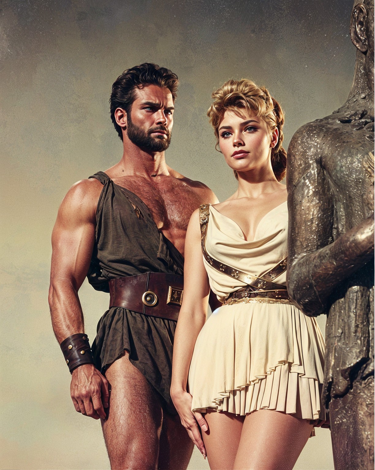 Muscular Warrior and Elegant Woman in Mythical Setting