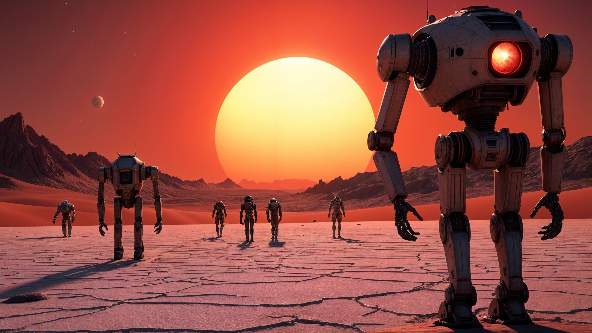 Desolate Alien Landscape with Humanoid Robots at Sunset