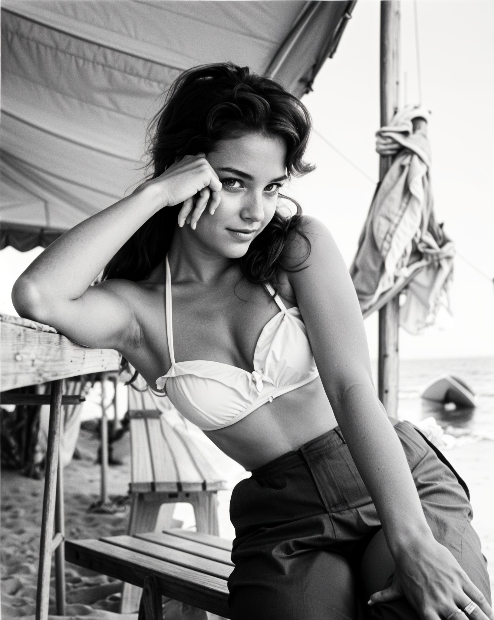 Young Woman in White Bikini at Beachside Shelter