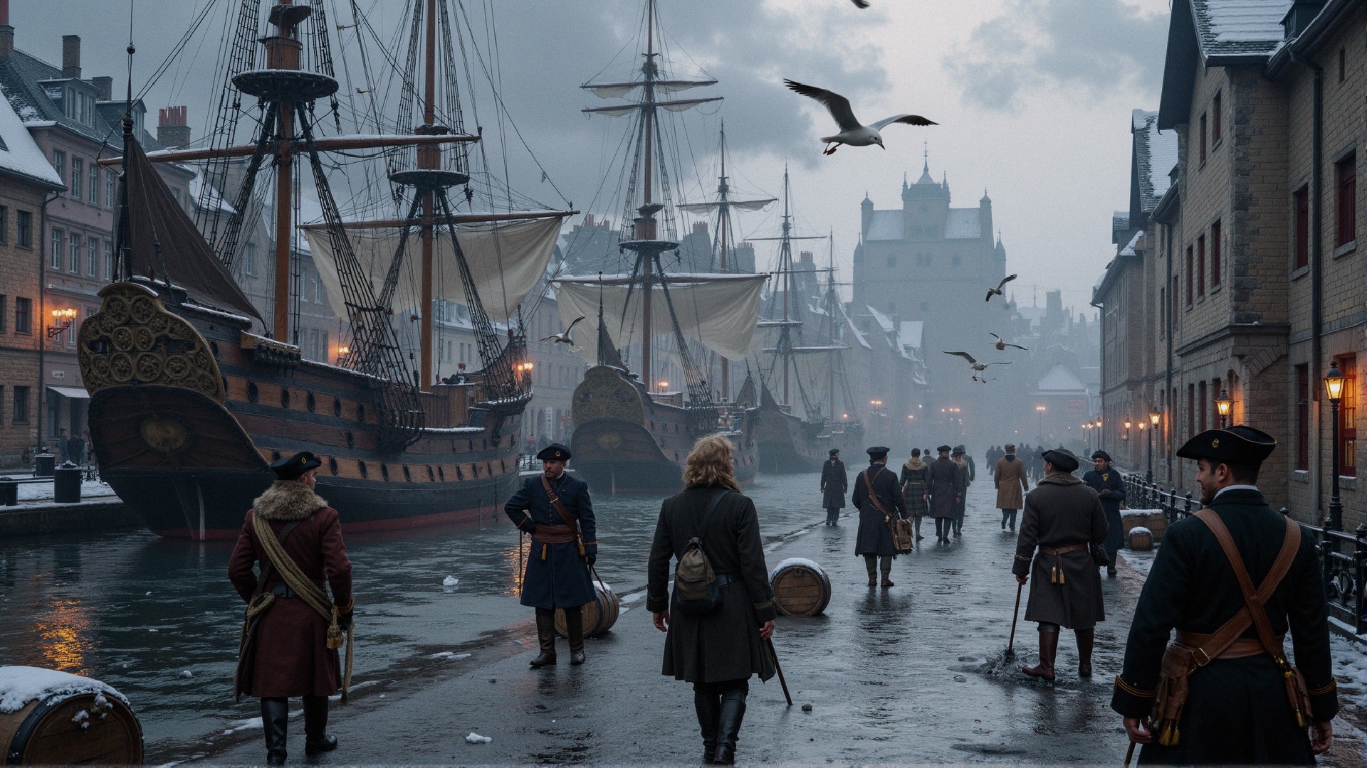 Misty Historical Harbor Scene with Tall Ships and Figures