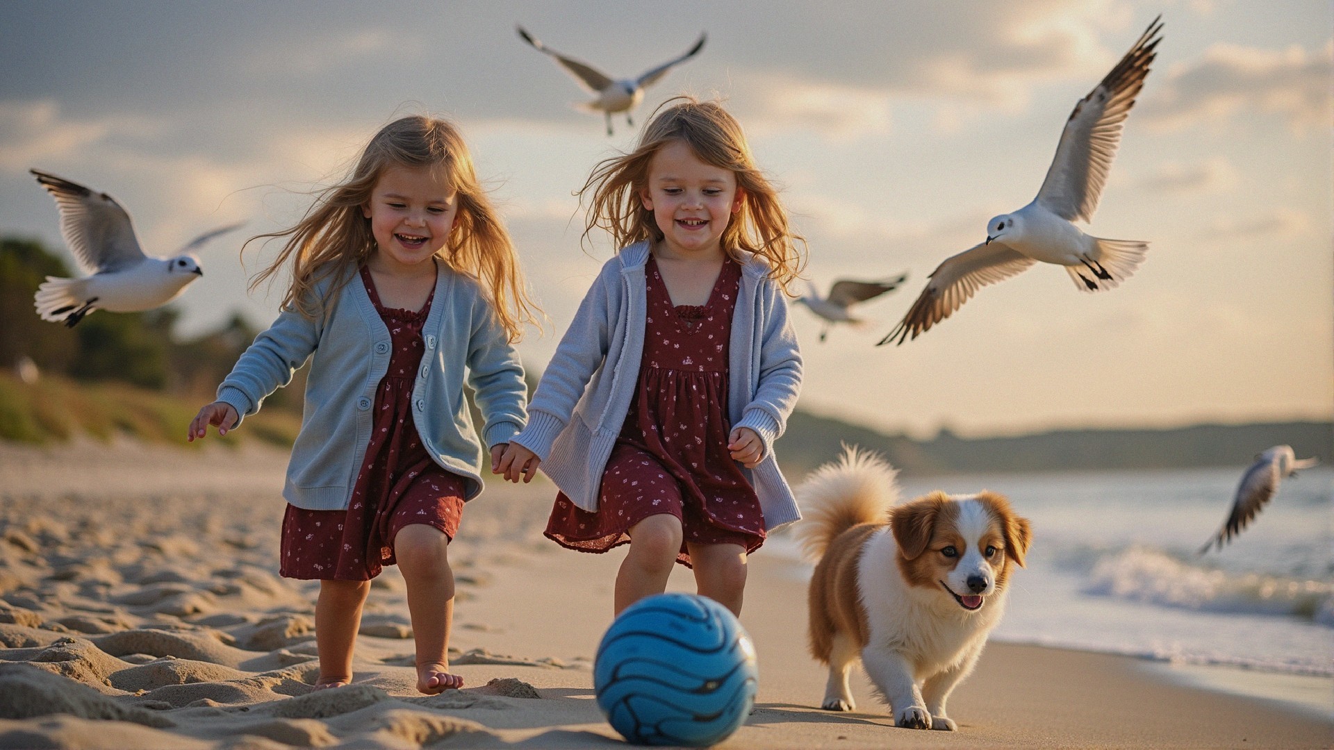 Joyful young girls playing with a dog on the beach