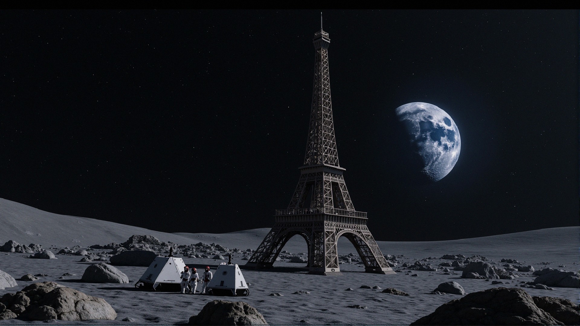 Surreal Lunar Landscape with Eiffel Tower and Astronauts