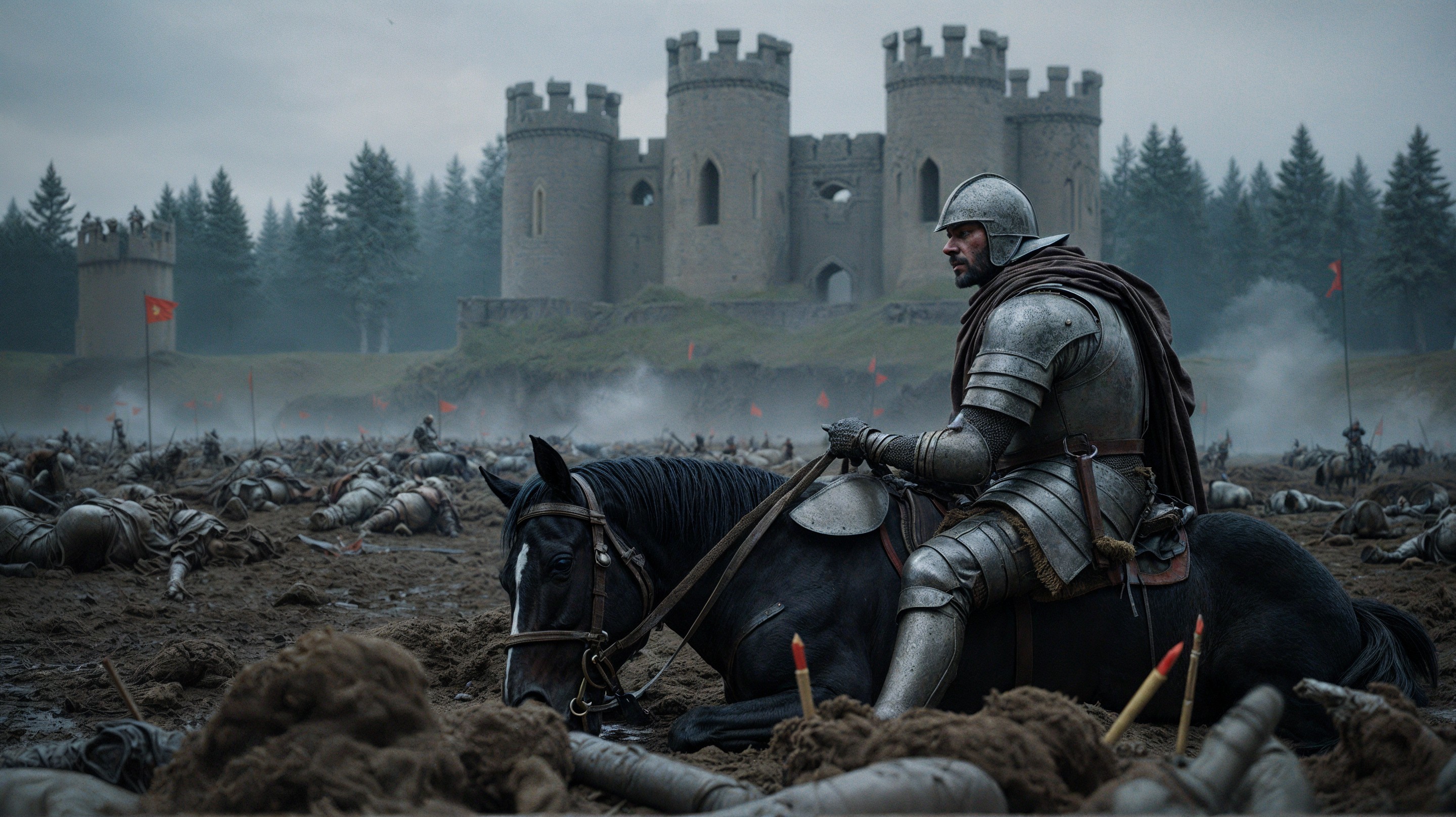 Knight on Horse Overlooks Muddy Battlefield Scene