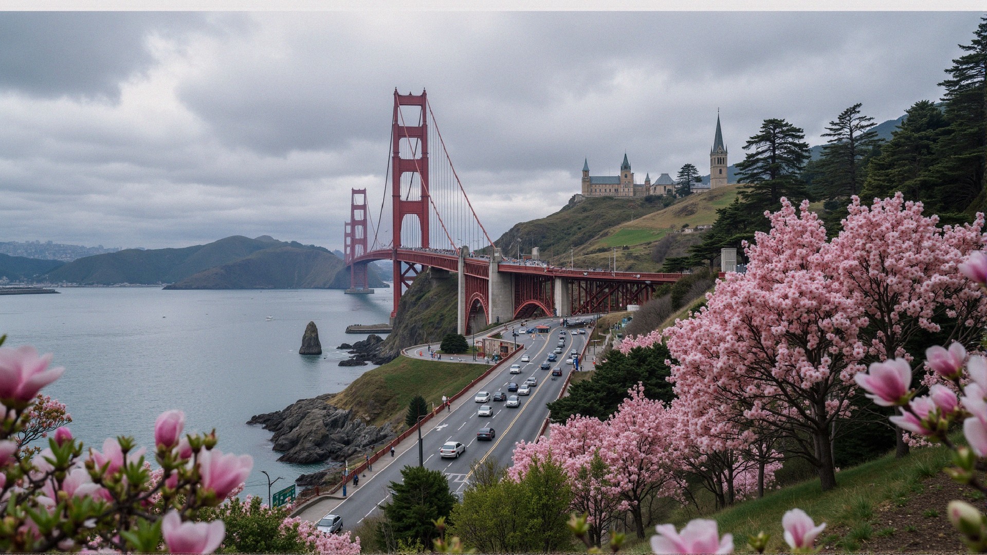 Golden Gate Bridge with Cherry Blossoms and Historic Building