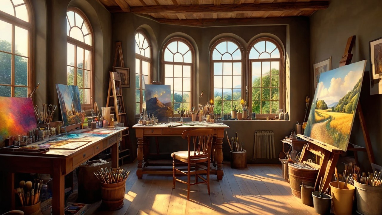 Bright Artist Studio with Natural Light and Canvases