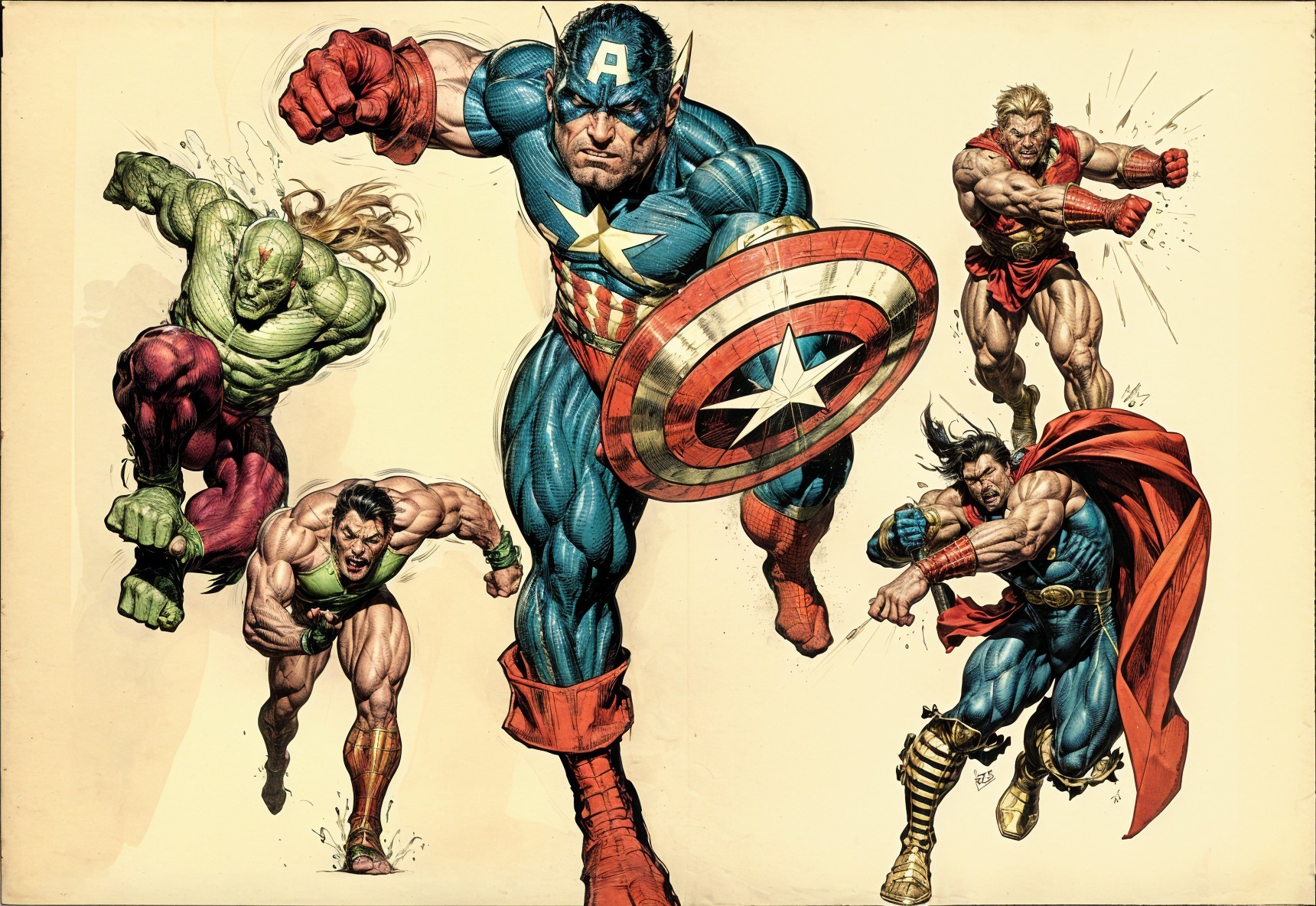 Illustration of Iconic Superheroes in Action Poses