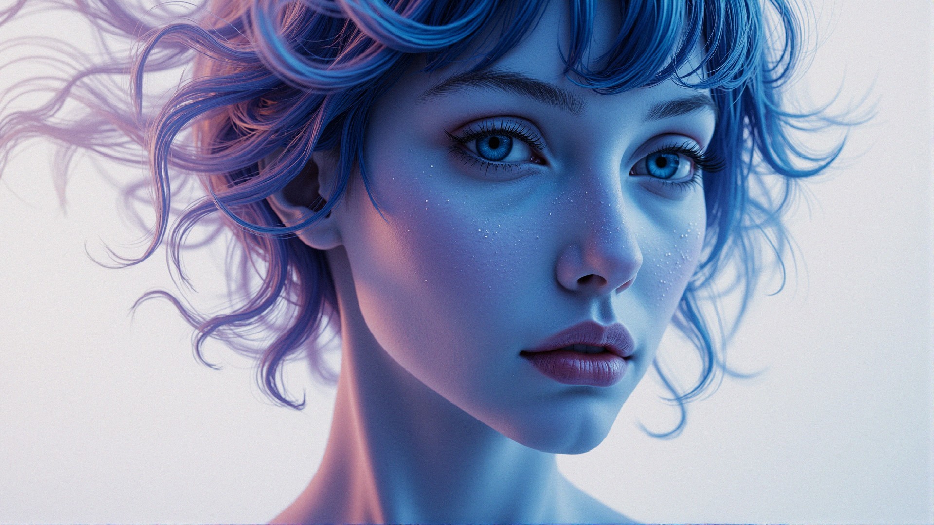 Close-up portrait of a woman with blue hair and glow