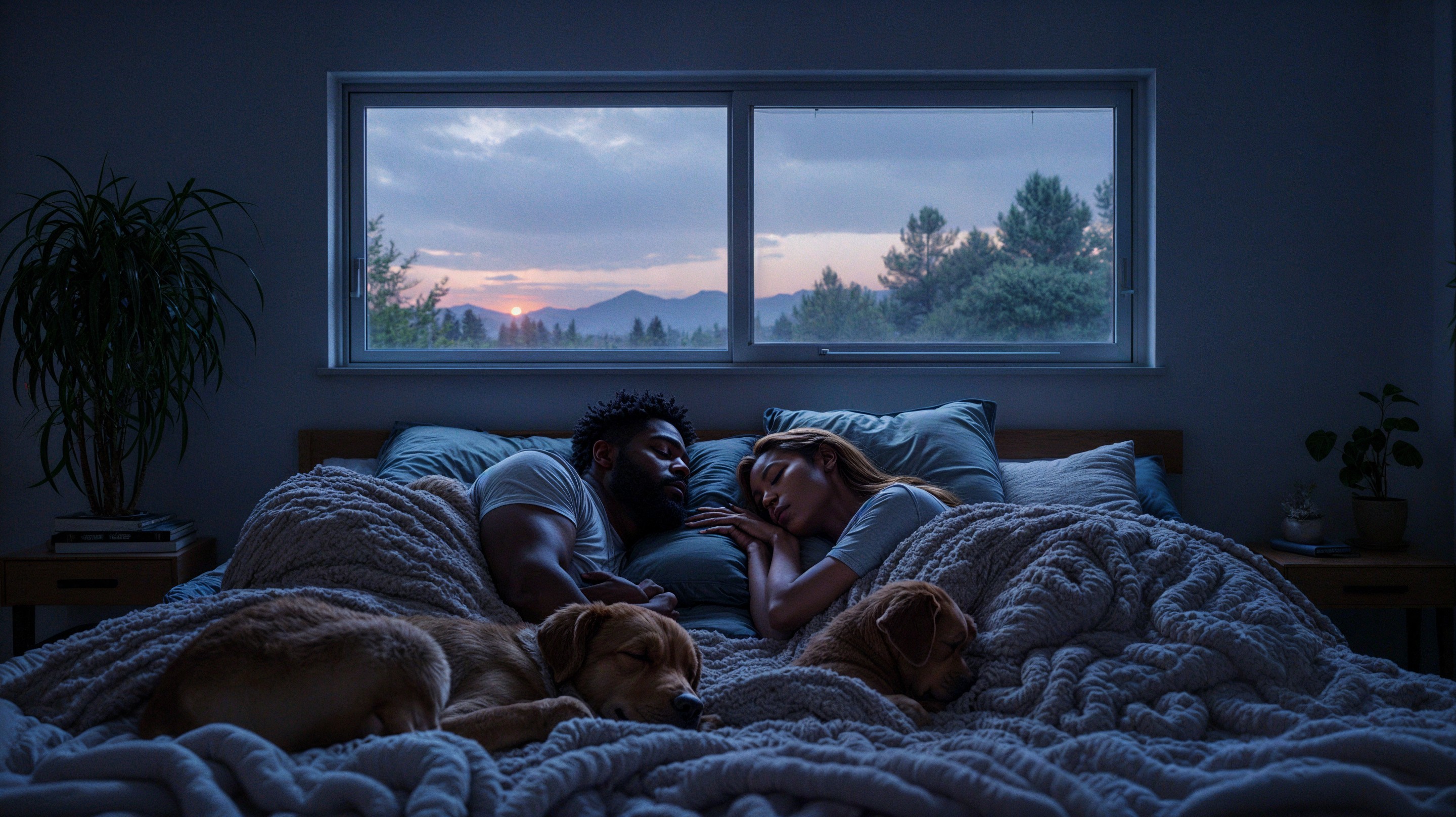 Cozy Bedroom Scene with Couple and Dog in Sunlight