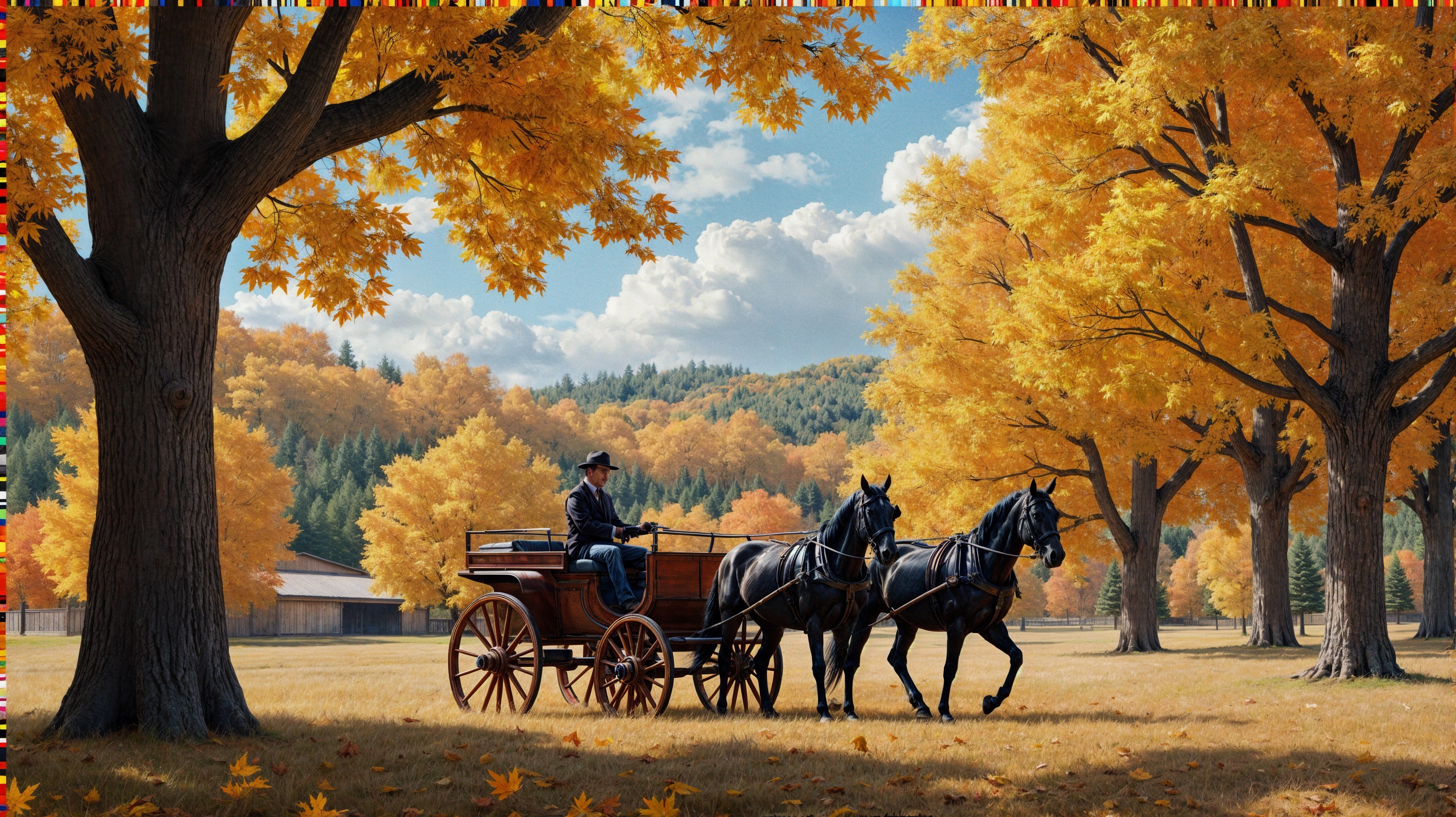 Autumn Landscape with Horse-Drawn Carriage Scene