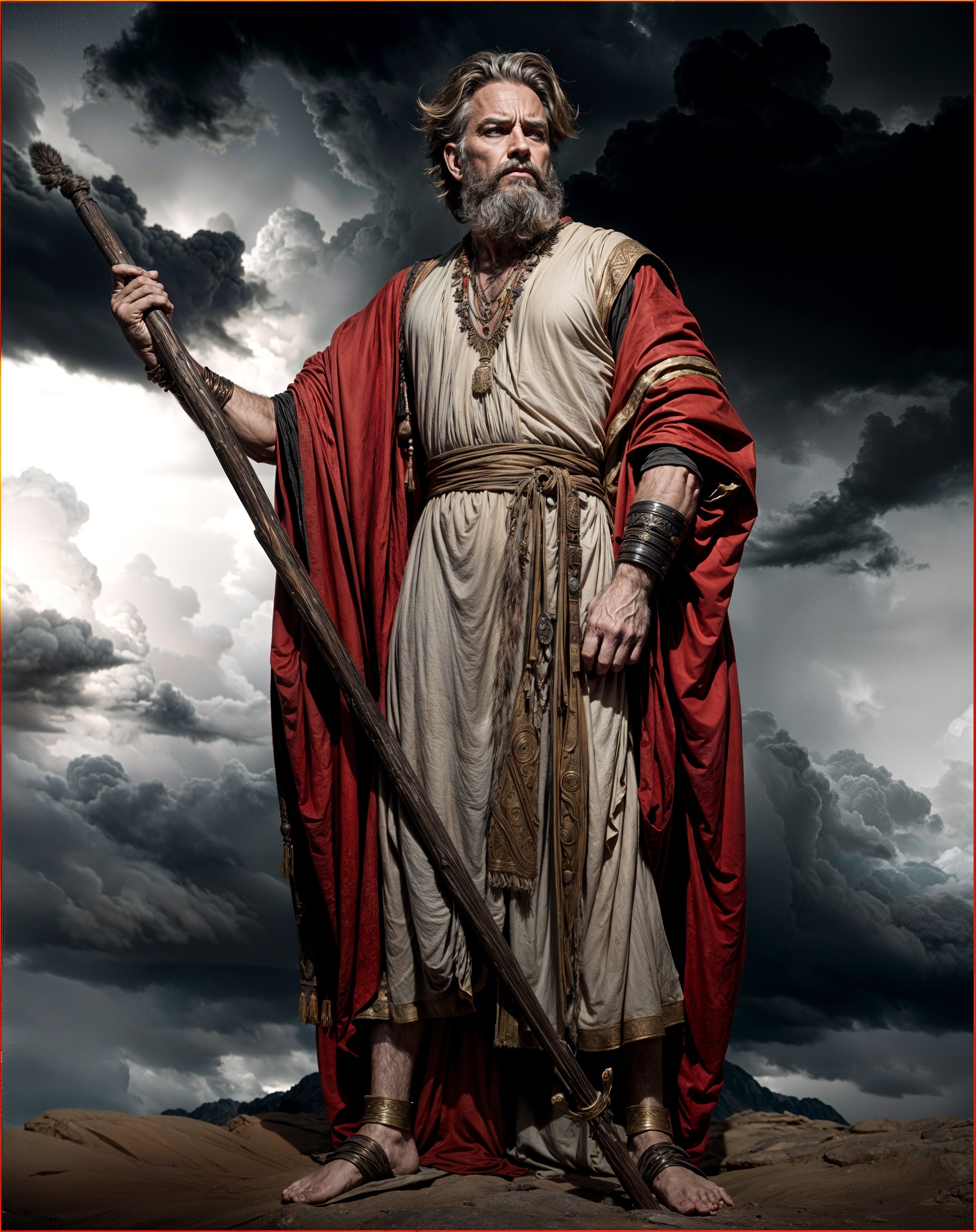 Majestic Figure in Cream and Red Robe Against Stormy Sky