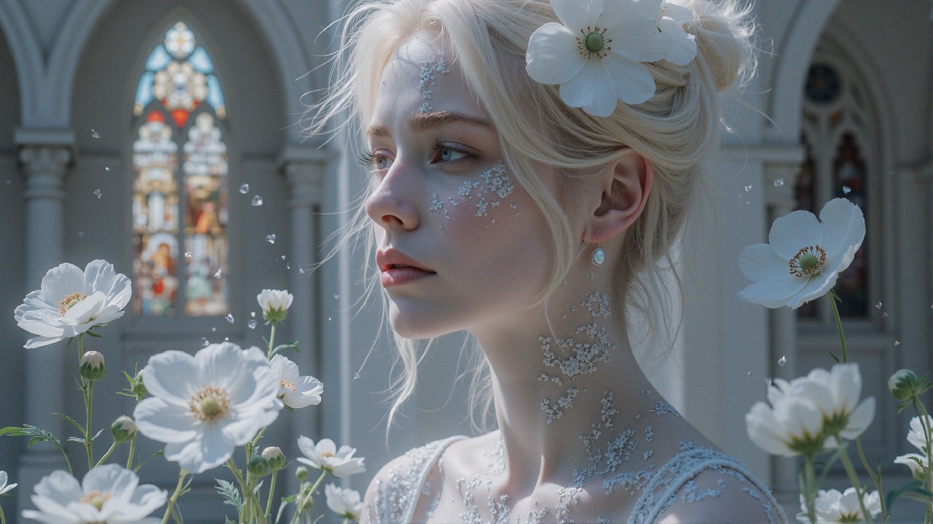 Serene Woman Surrounded by White Flowers and Stained Glass