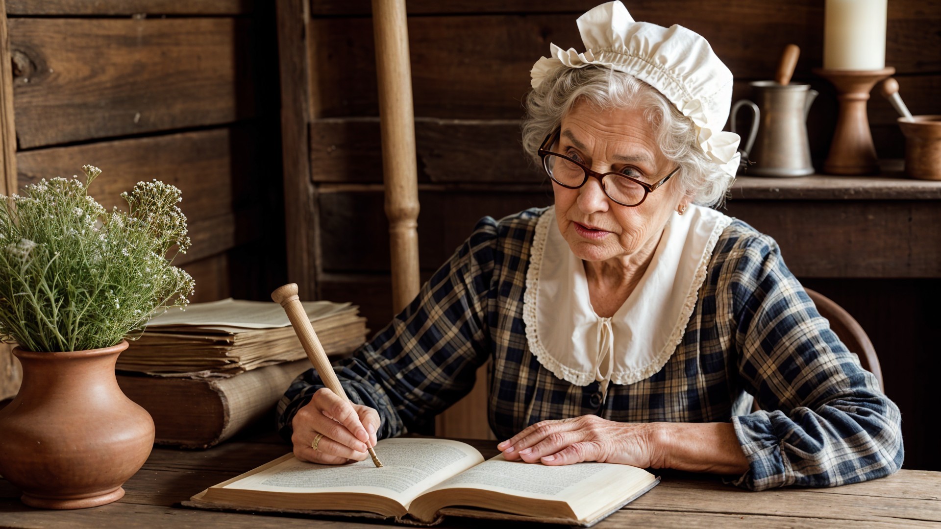 Elderly Woman Writing in Cozy Rustic Setting
