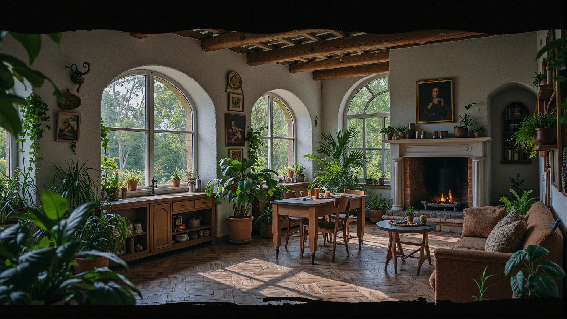 Cozy Sunlit Living Room with Arched Windows and Plants