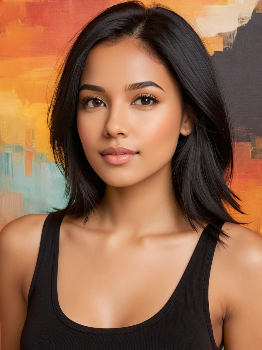 Young woman with dark hair against vibrant background