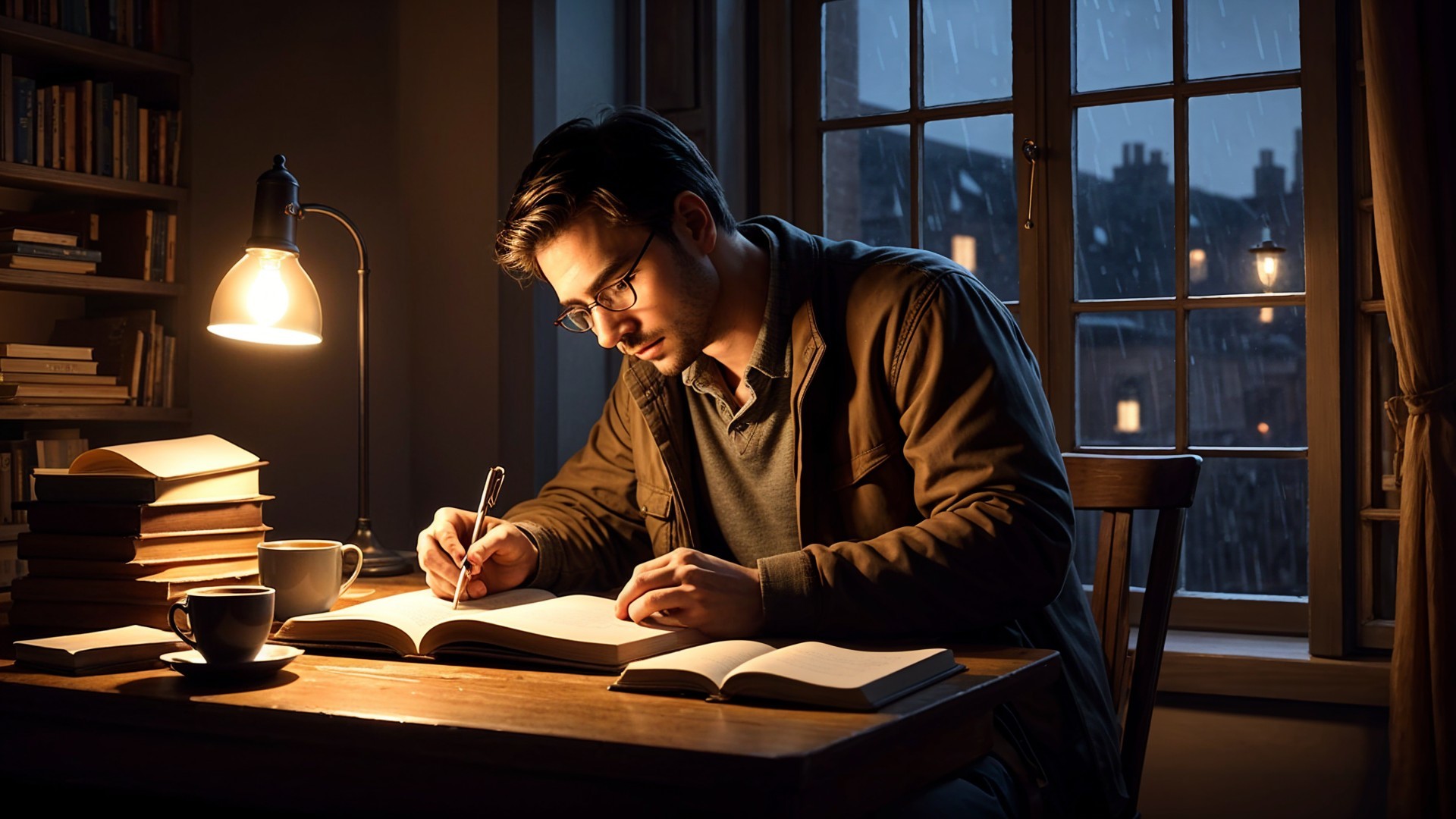 Young man writing in cozy, rain-filled room