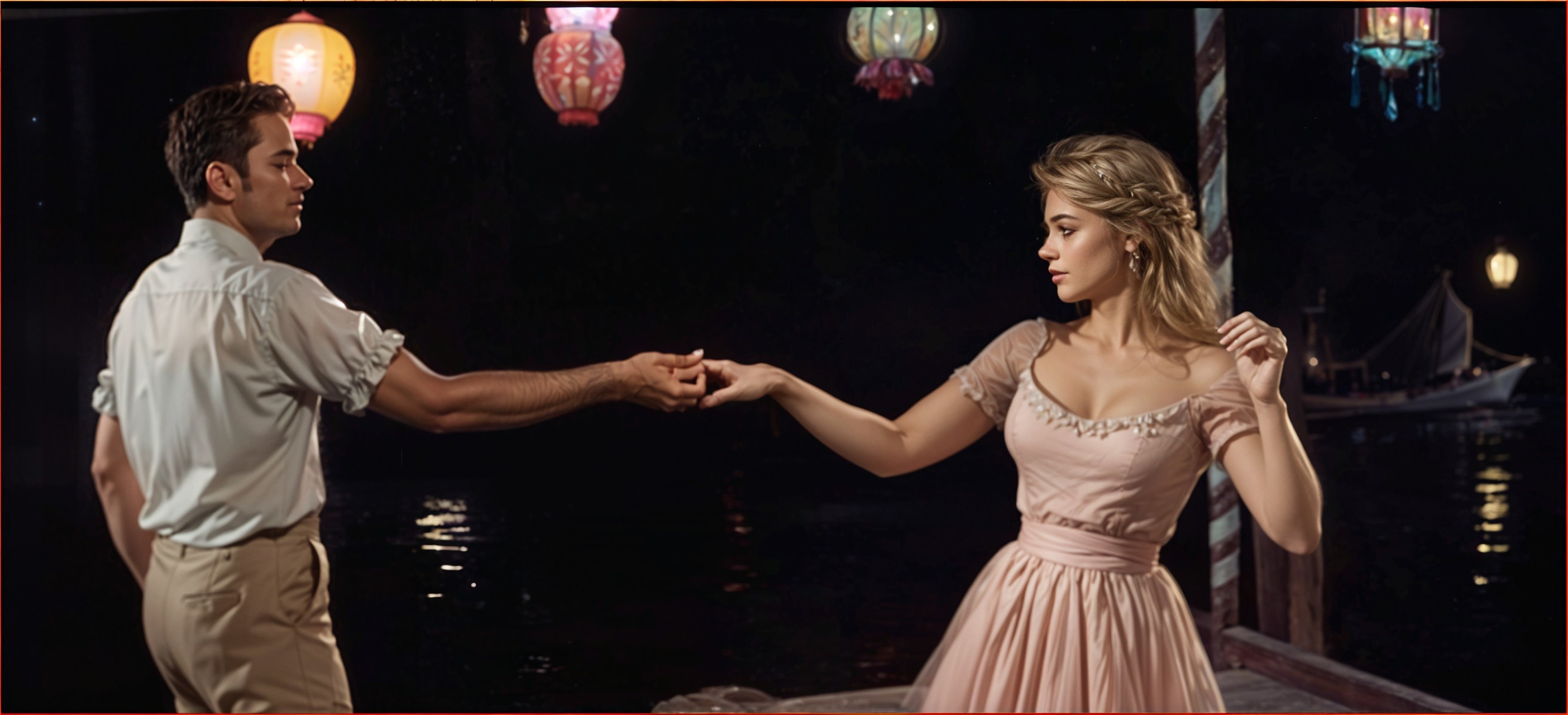 Couple on a Dock Surrounded by Colorful Lanterns