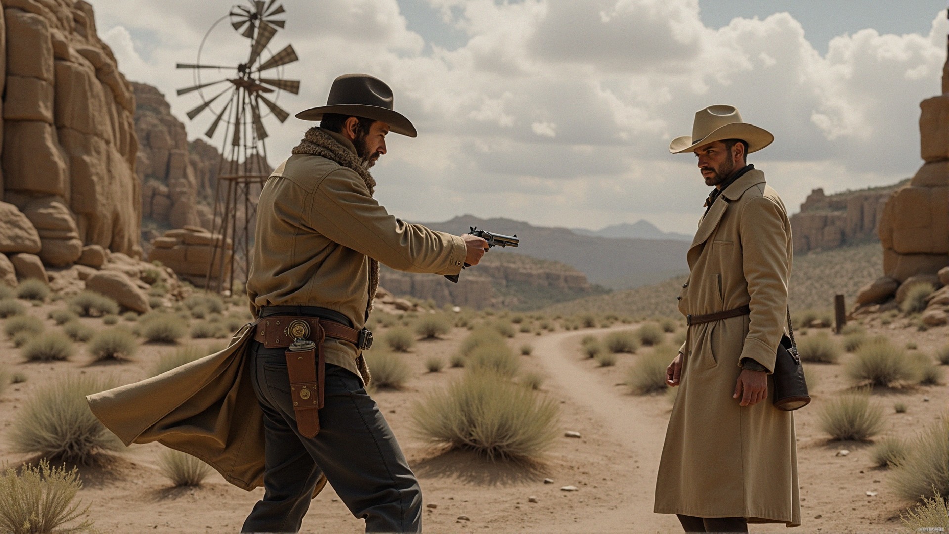Wild West Standoff Between Two Cowboys in Desert Landscape